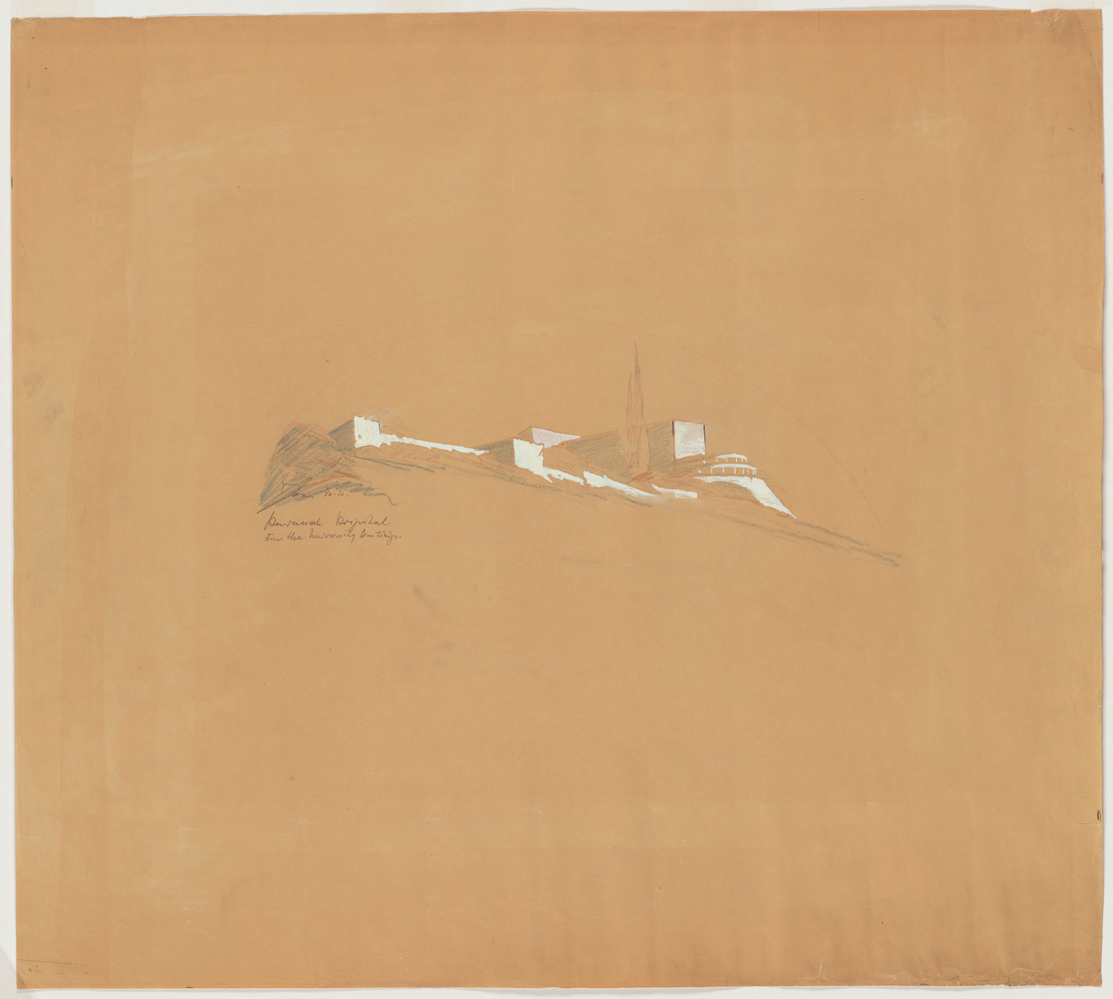 Erich Mendelsohn. Hadassah University Hospital, Mount Scopus, Jerusalem, Exterior perspective of northwest corner from University Building. 1935