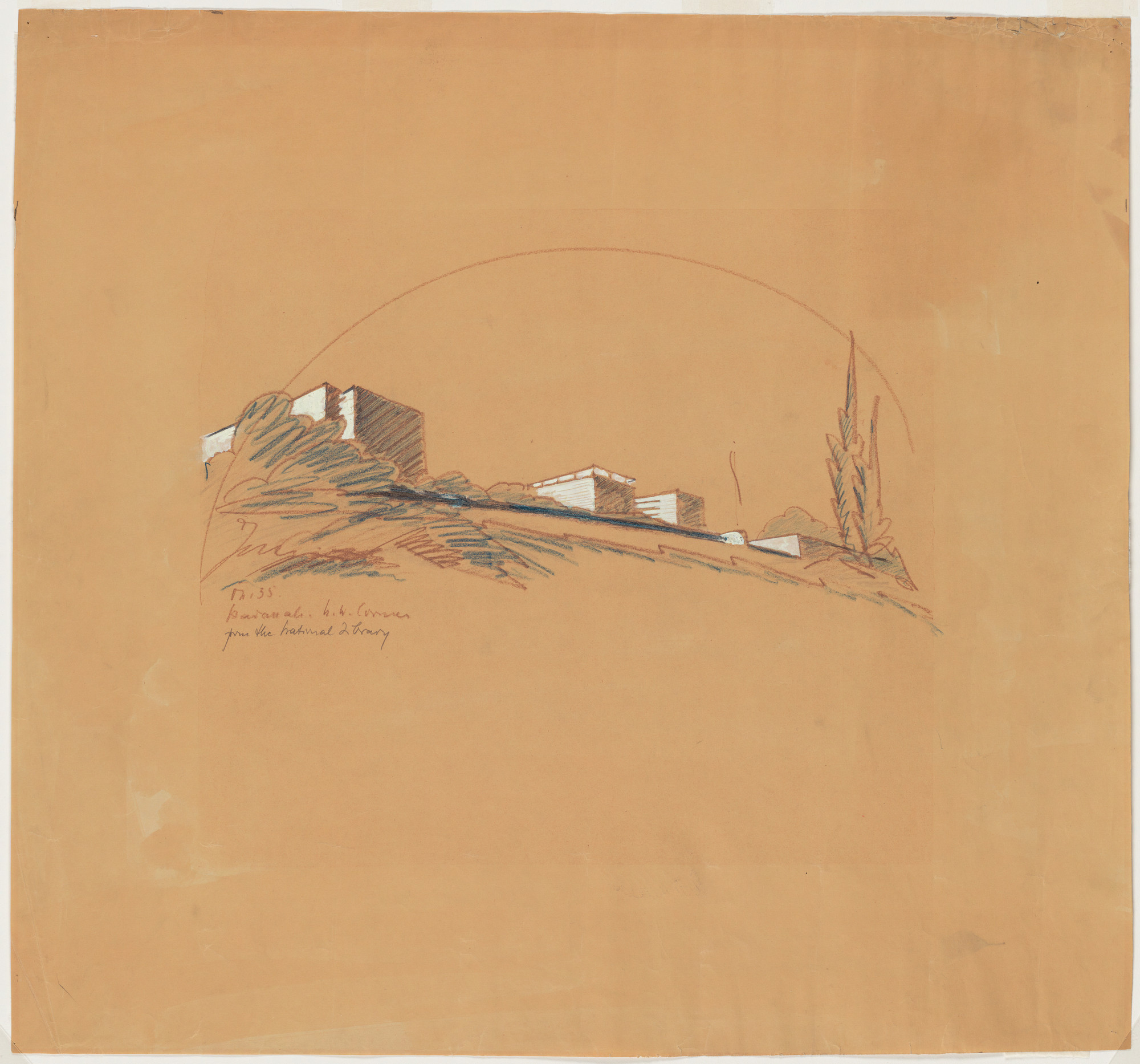 Erich Mendelsohn. Hadassah University Medical Center, Mount Scopus, Jerusalem, View of hospital, north west corner: "From the National Library"