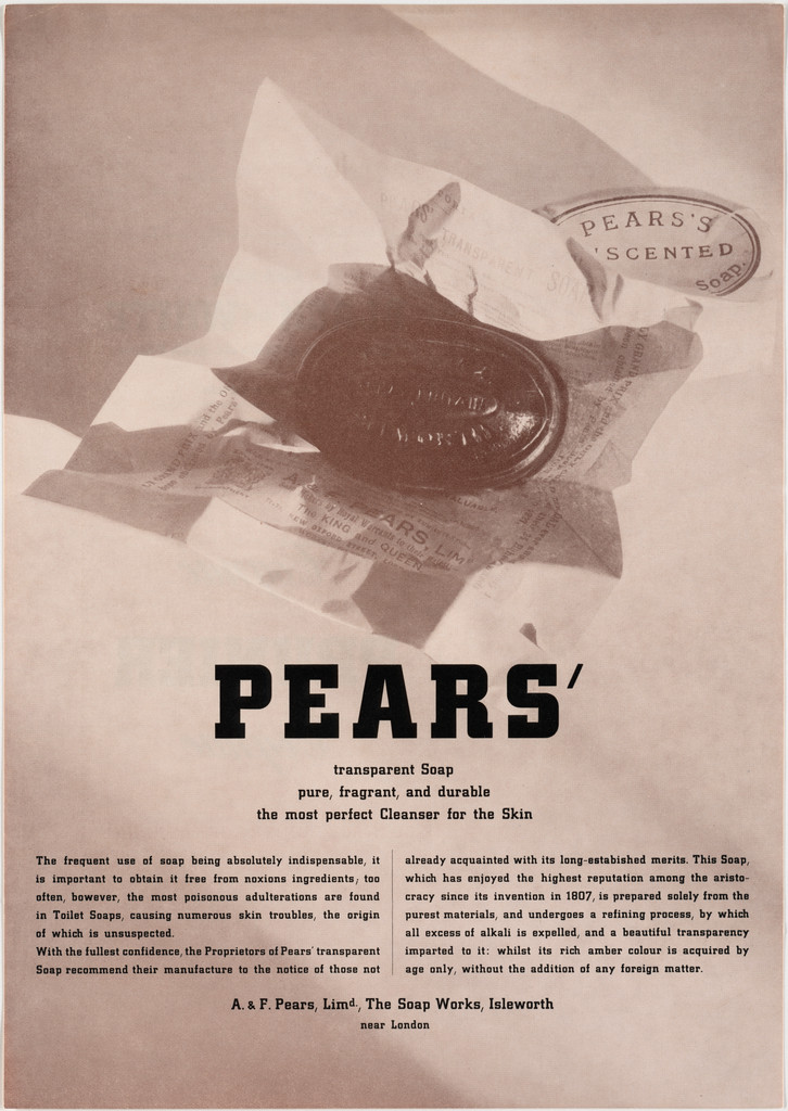 Side 1: Scotch Whiskey Black and White, Prunier Cognac; Side 2: Pears' Transparent Soap