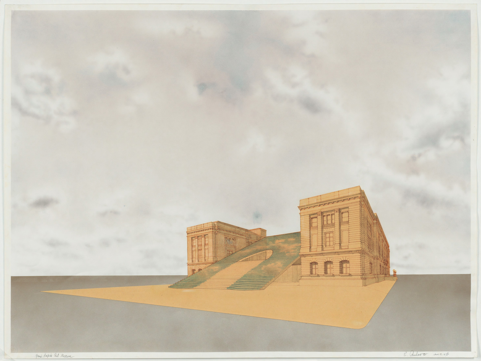 Emilio Ambasz. Grand Rapids Art Museum, project, Grand Rapids, Michigan, Perspective. 1975
