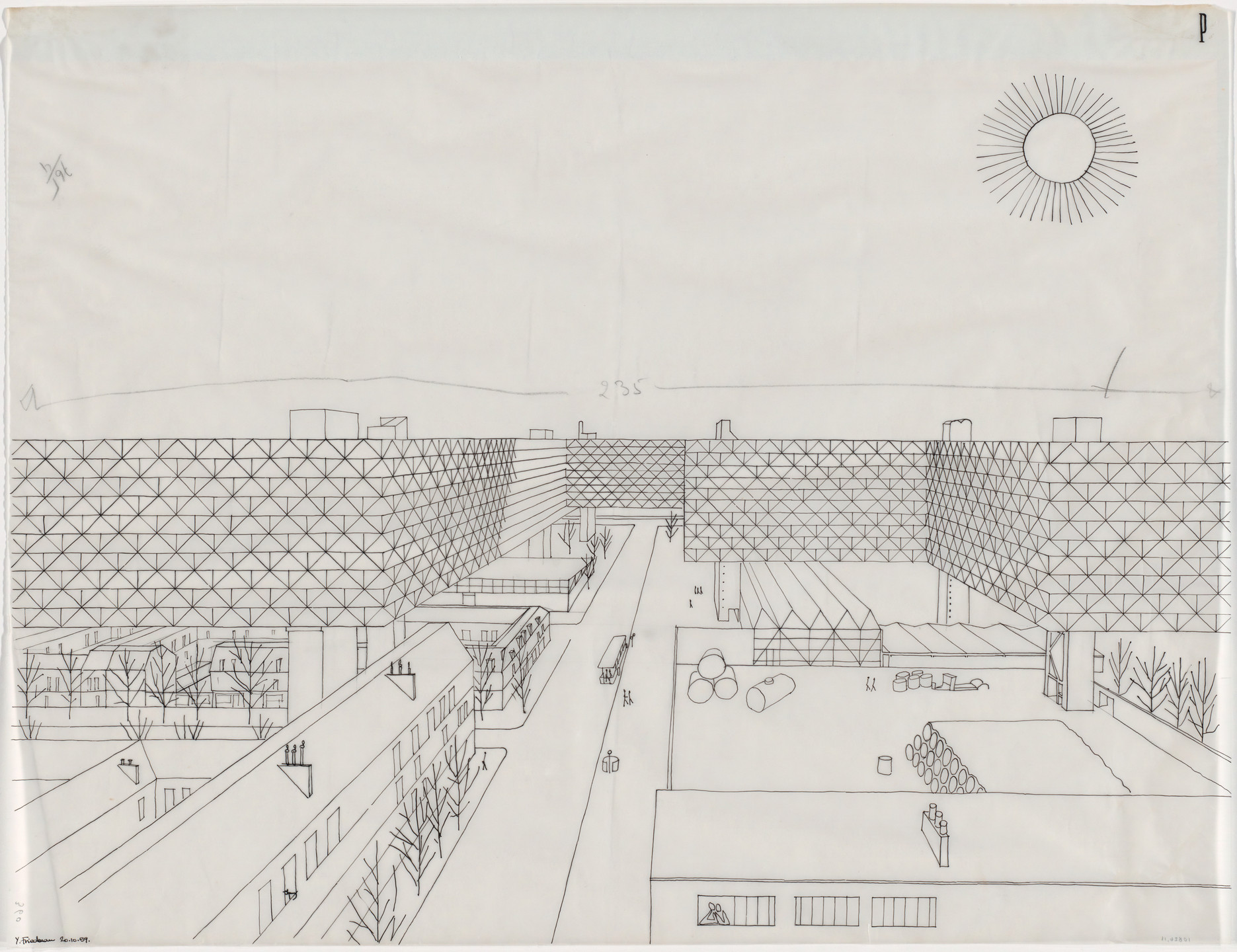 Yona Friedman. Spatial City, Elevated Blocks, project, Paris, France, Perspective. 1959