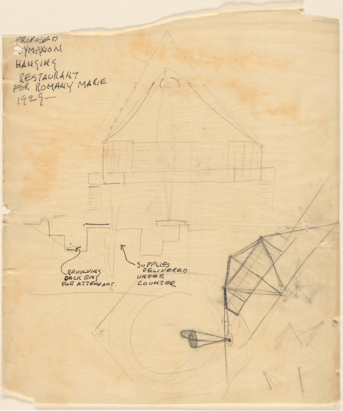 R. Buckminster Fuller. Proposed Dymaxion Hanging Restaurant for Romany Marie, project, Sketch. 1929