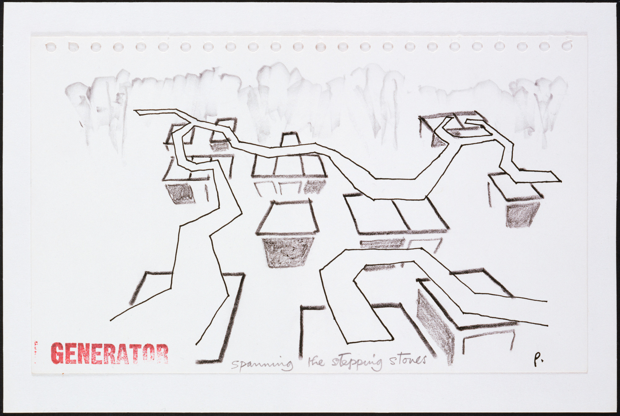Cedric Price. Generator Project, White Oak, Florida (Perpsective sketch, "Spanning the Stepping Stones"). 1978-80