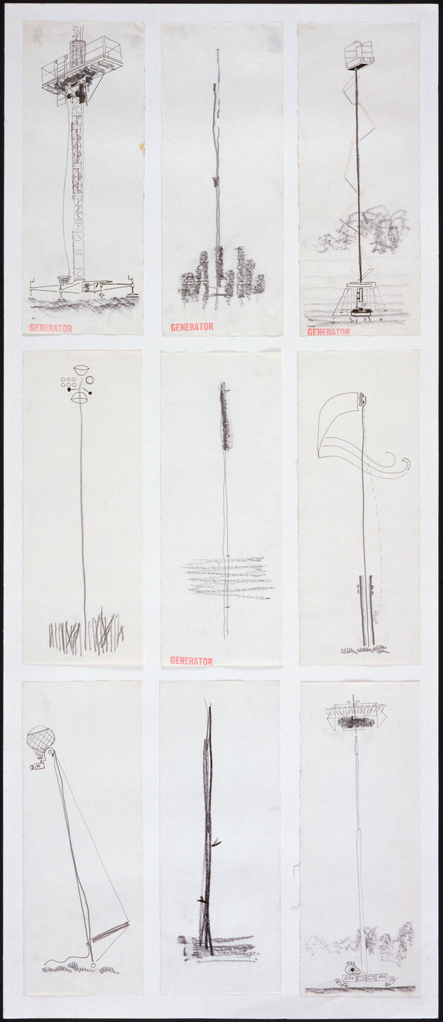Cedric Price. Generator Project, White Oak, Florida, Trees natural and man-made; site totems. 1978-80