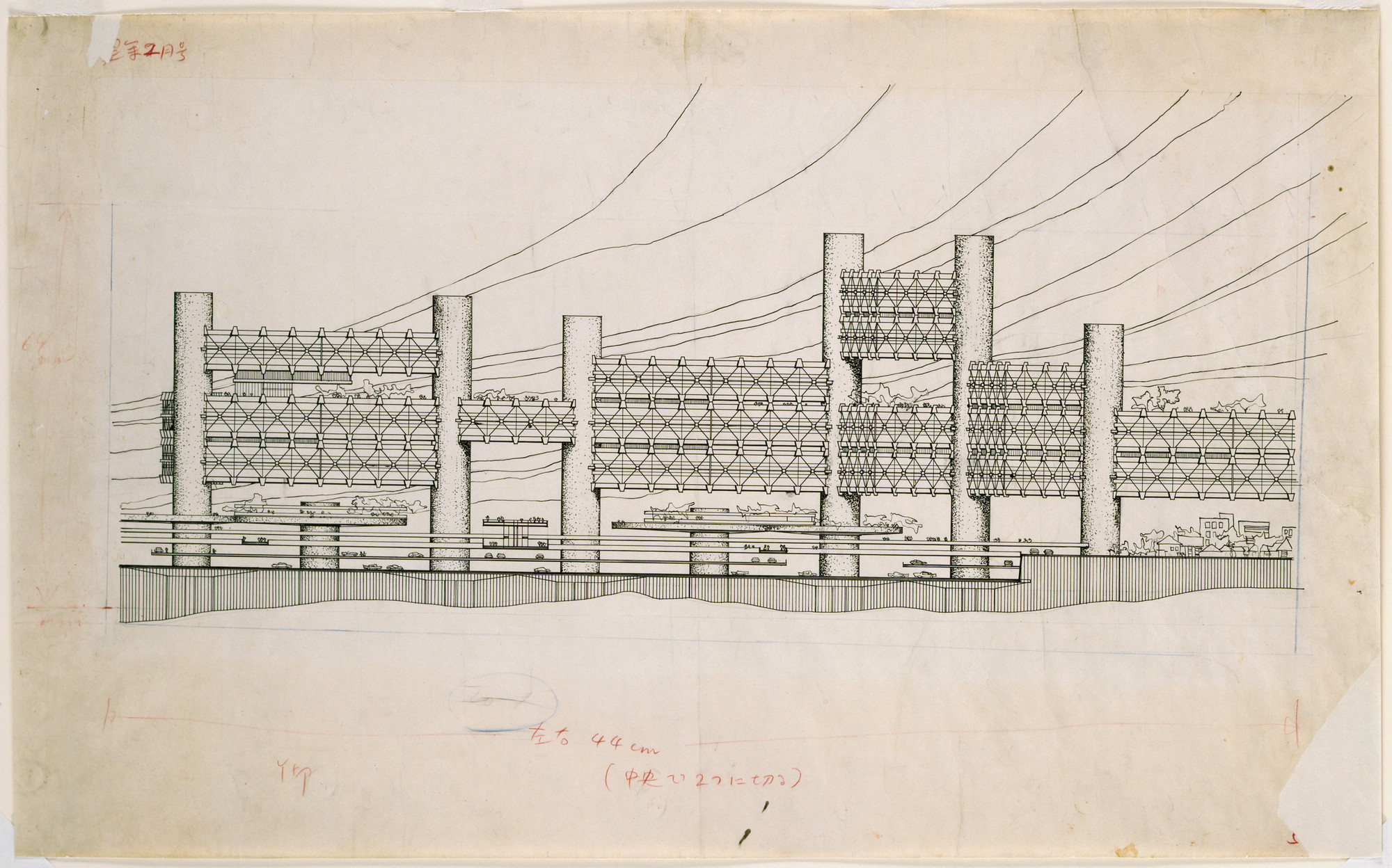 Arata Isozaki. Joint Core System, project, Shinjuku, Tokyo, Japan (Elevation). 1960