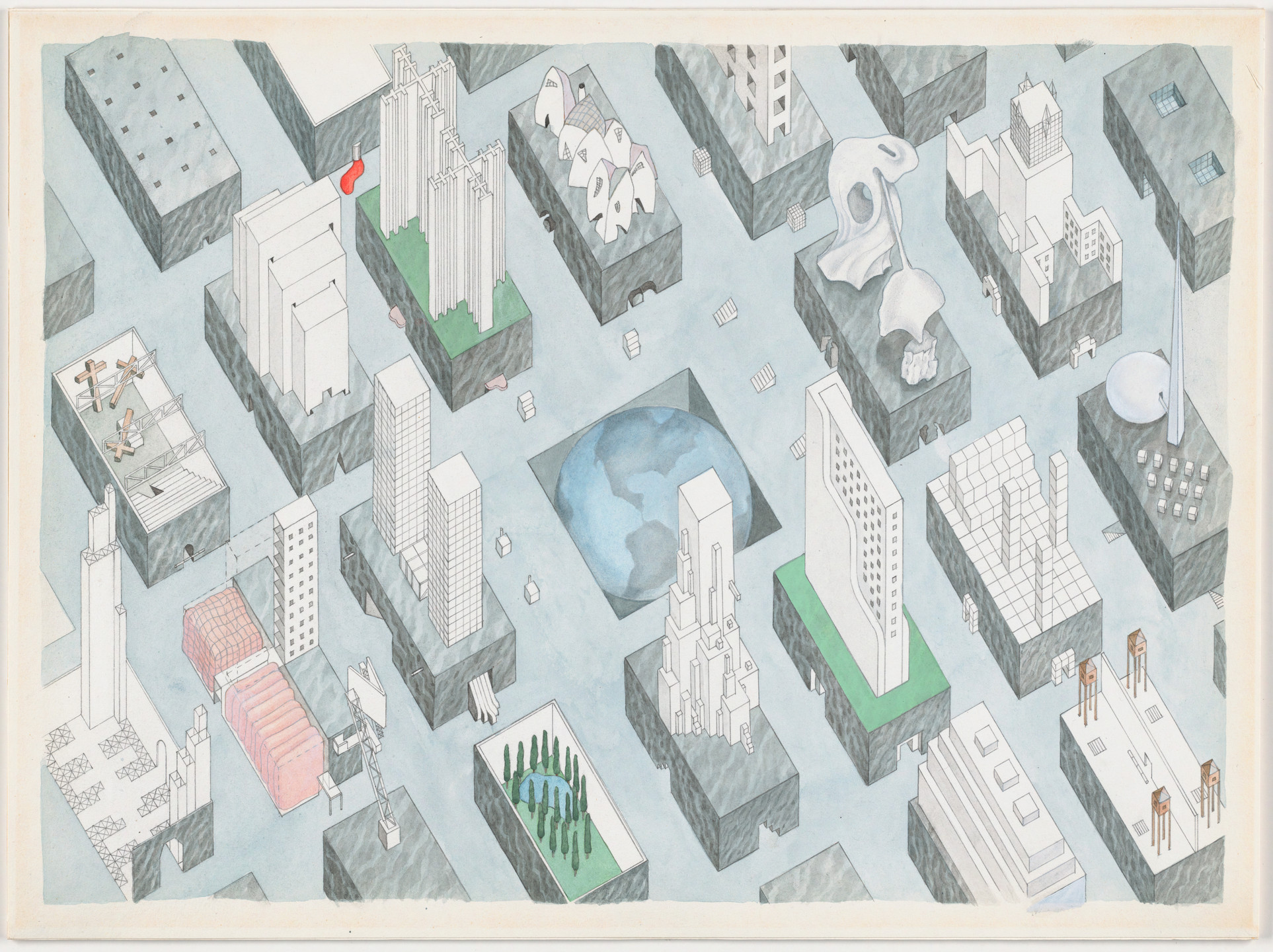 Rem Koolhaas, Madelon Vriesendorp. The City of the Captive Globe Project, New York, New York, Axonometric. 1972