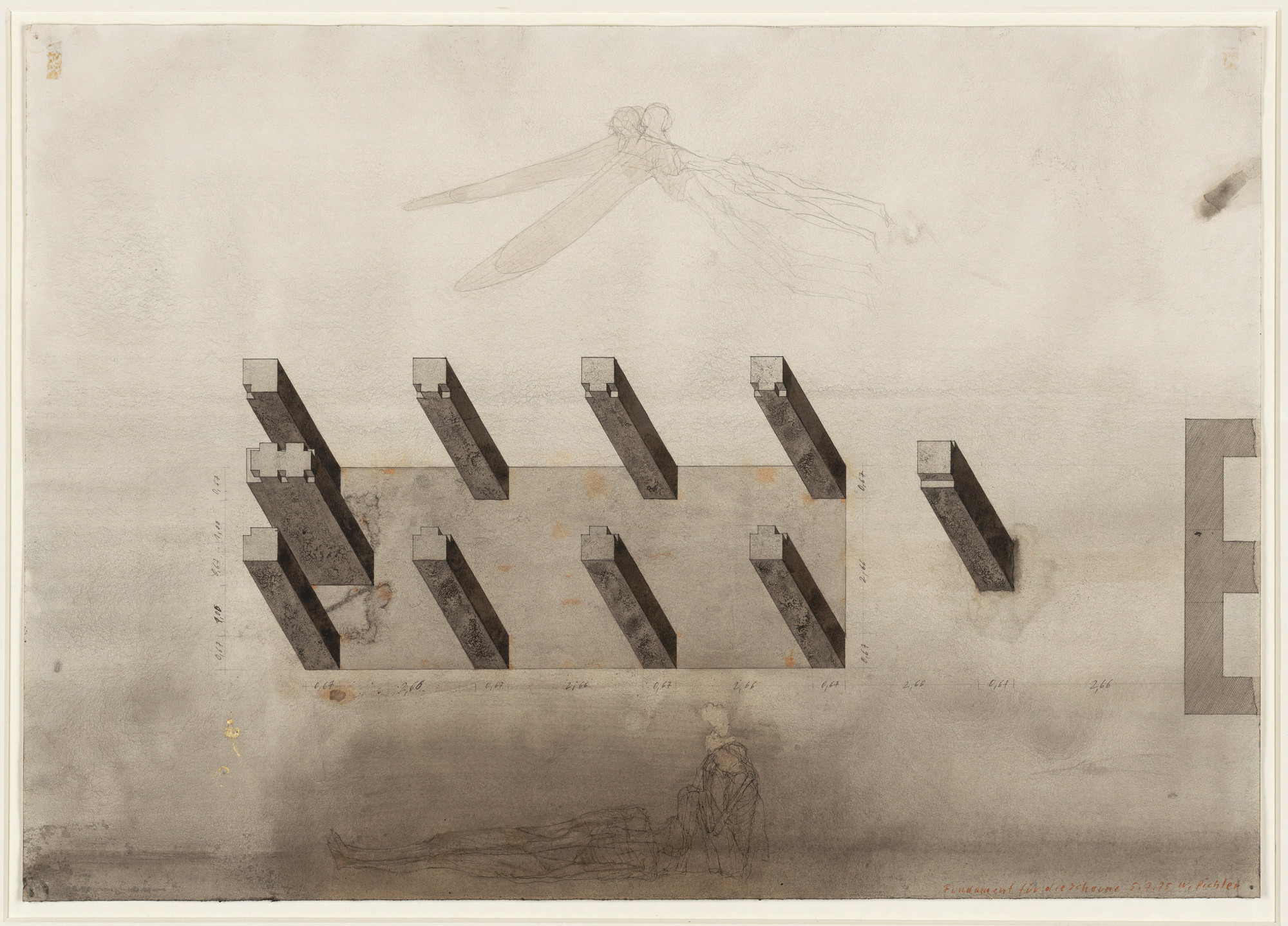 Walter Pichler. Pillars under the Shed Project, Aerial perspective. 1975