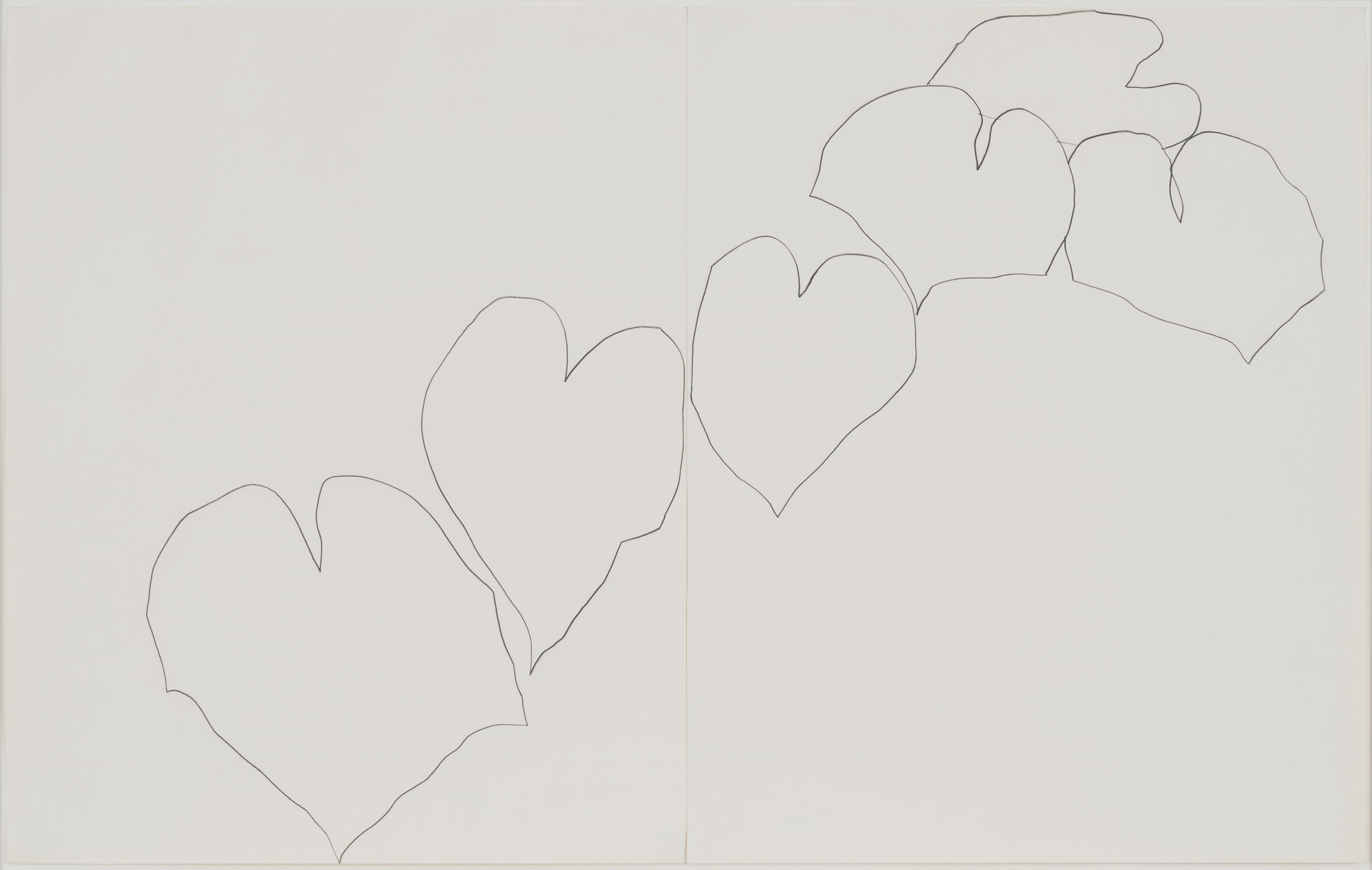 The image shows a white background with eight black, irregular heart-shaped outlines connected in a diagonal line. The hearts are evenly spaced, with no additional colors or details. This is an AI generated description. To give feedback, email ai@moma.org.
