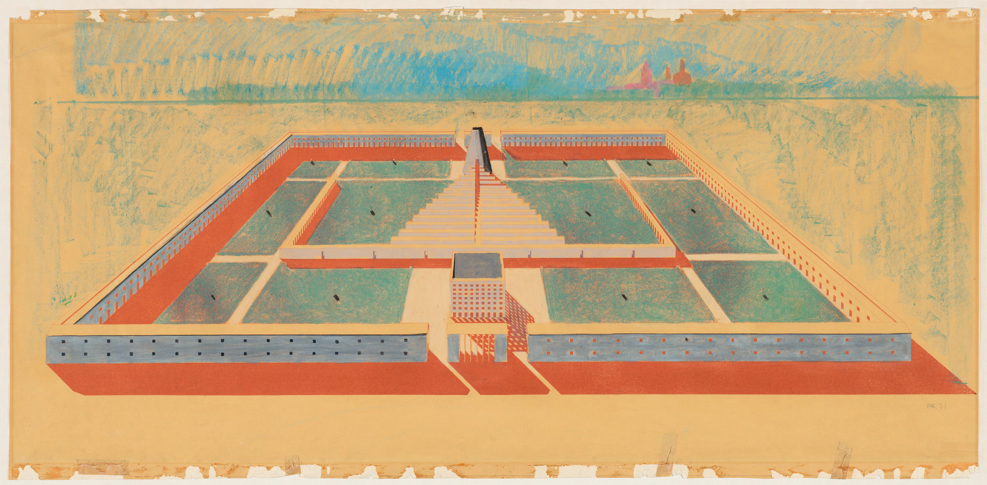 Aldo Rossi, Gianni Braghieri. Cemetery of San Cataldo, Modena, Italy, Aerial perspective. 1971