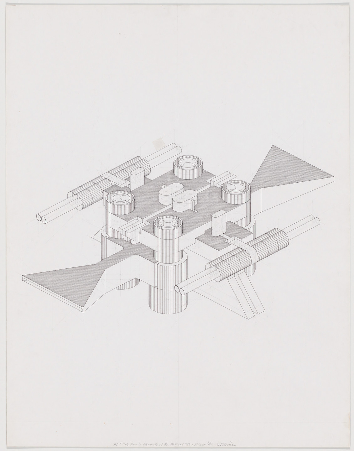 Friedrich St. Florian. Elements of the Vertical City, project, Rome, Italy, Axonometric of base. 1966