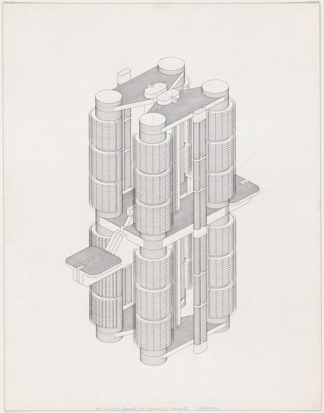 Friedrich St. Florian. Elements of the Vertical City, project, Rome, Italy, Axonometric of torso. 1966