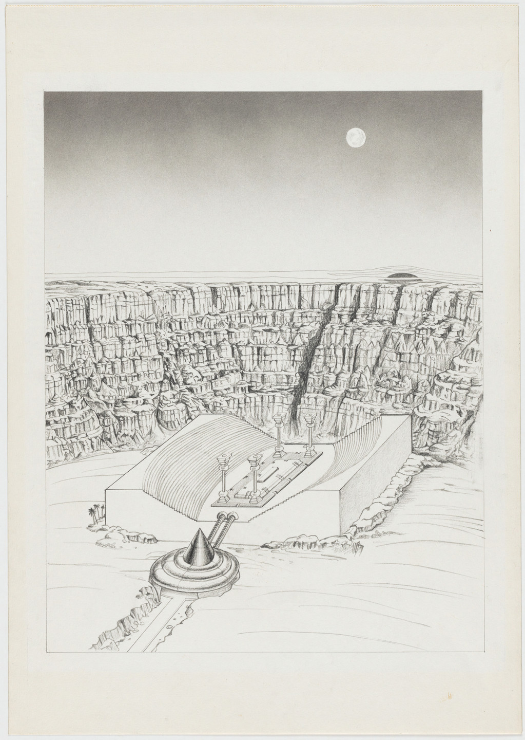 Ettore Sottsass. The Planet as Festival: Study for Design of a Stadium to Watch the Stars, project (Aerial perspective). 1972-73