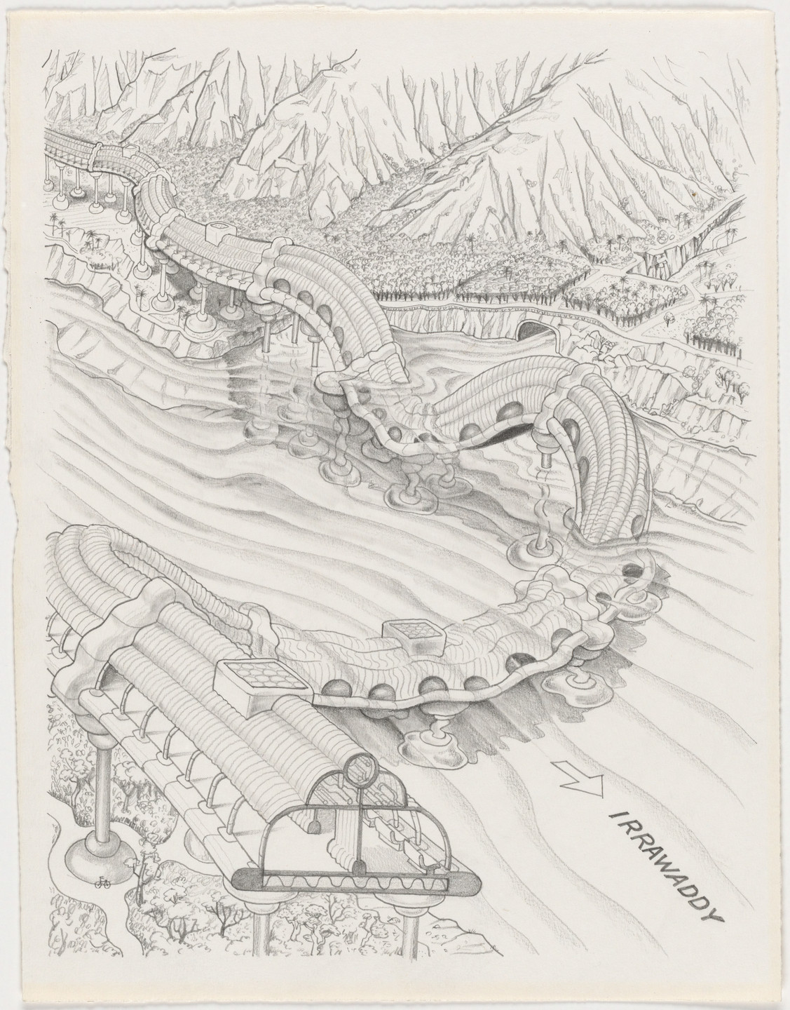 Ettore Sottsass. The Planet as Festival: Gigantic Work, Panoramic Road with View on the Irrawaddy River and the Jungle, project (Aerial perspective). 1972-73