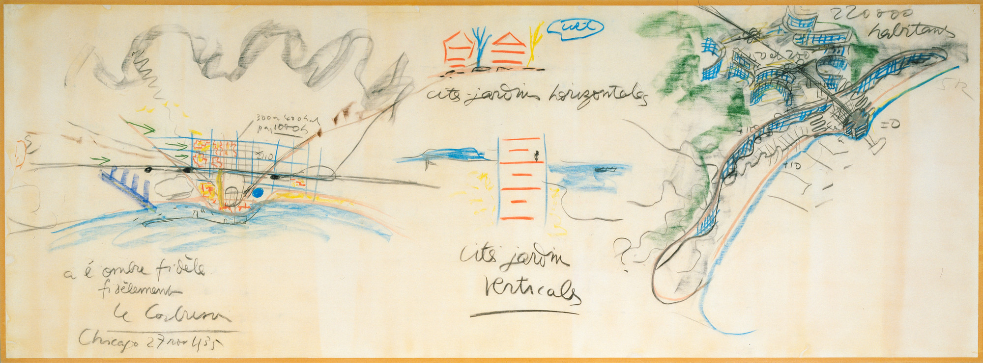 Le Corbusier (Charles-Édouard Jeanneret). Plans for Algiers and Barcelona and “cité-jardin verticale” (vertical garden city) drawing made during a lecture in Chicago November 27, 1935. 1935