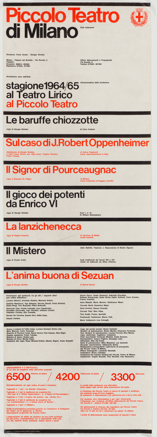 Massimo Vignelli. Piccolo Teatro di Milano. 1964