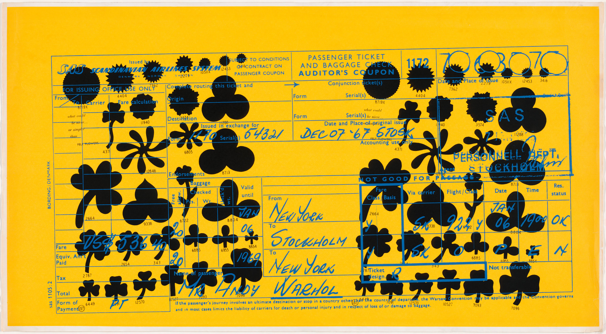 Andy Warhol. Scandanavian Airlines System Passenger Ticket and Baggage Check