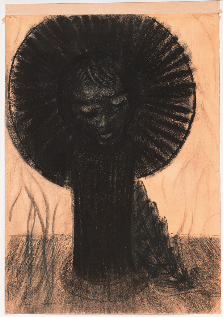 A pastel drawing on warm peach paper showing a child's face emerging from or merging with a dark, velvety circular halo above a root-like trunk, suggesting both plant and human form in a mysterious moment of growth