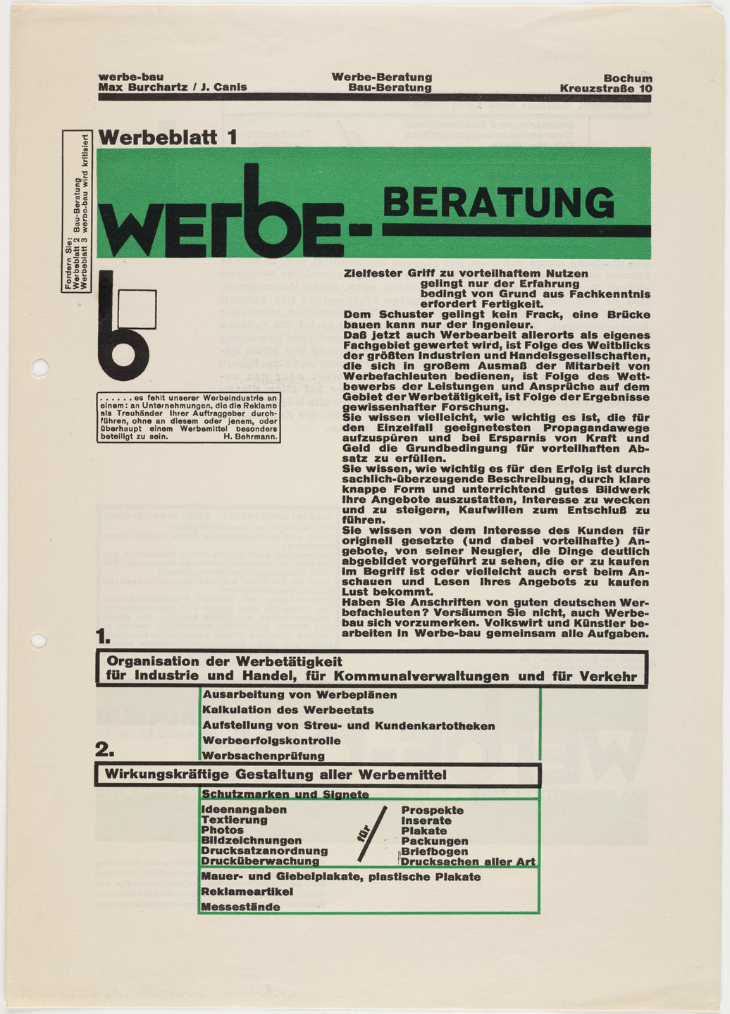 Max Burchartz, Johannes Canis. Werbe-Beratung, Werbeblatt 1. 1925