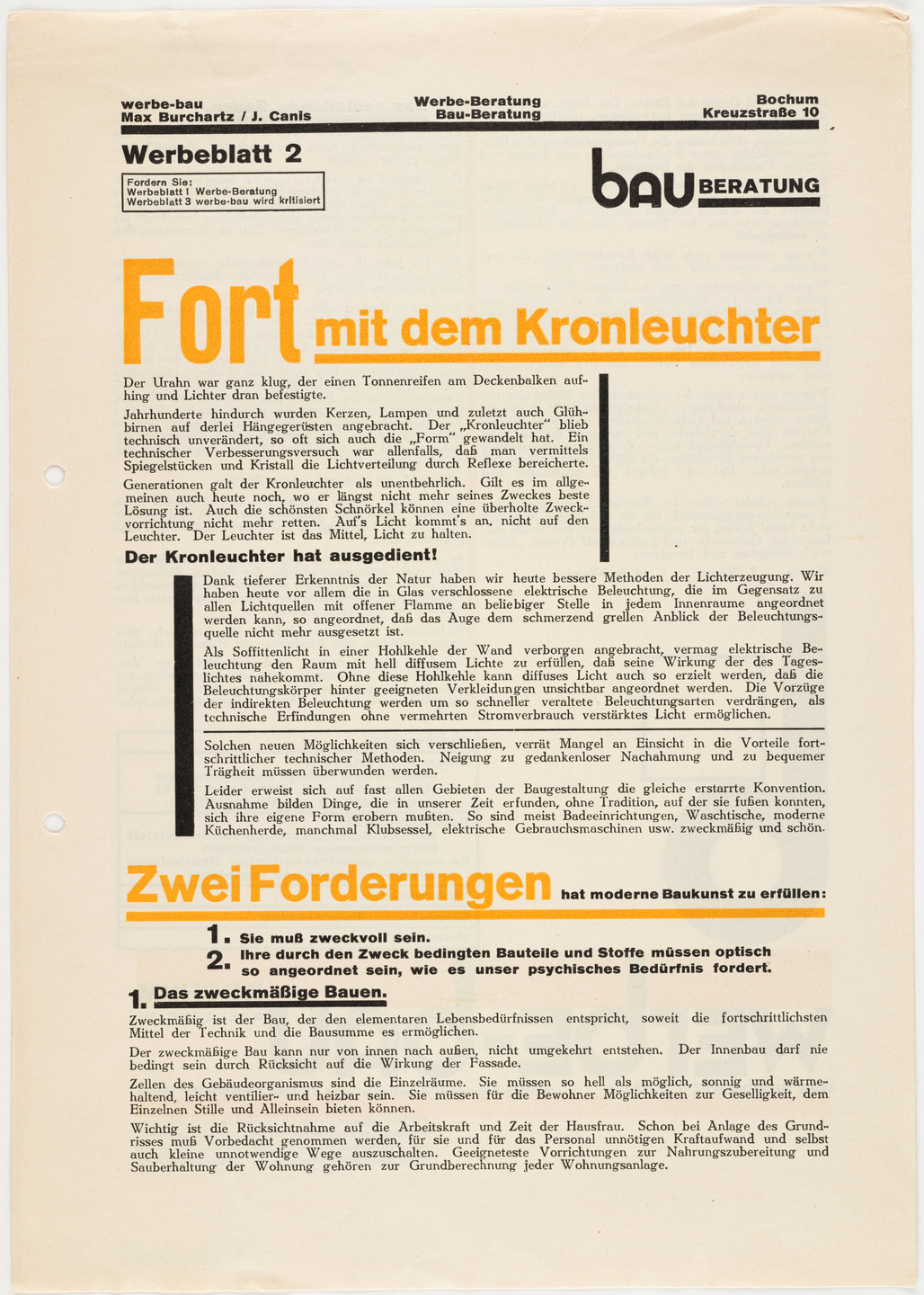 Max Burchartz, Johannes Canis. Fort mit dem Kronleuchter, Werbeblatt 2. 1925
