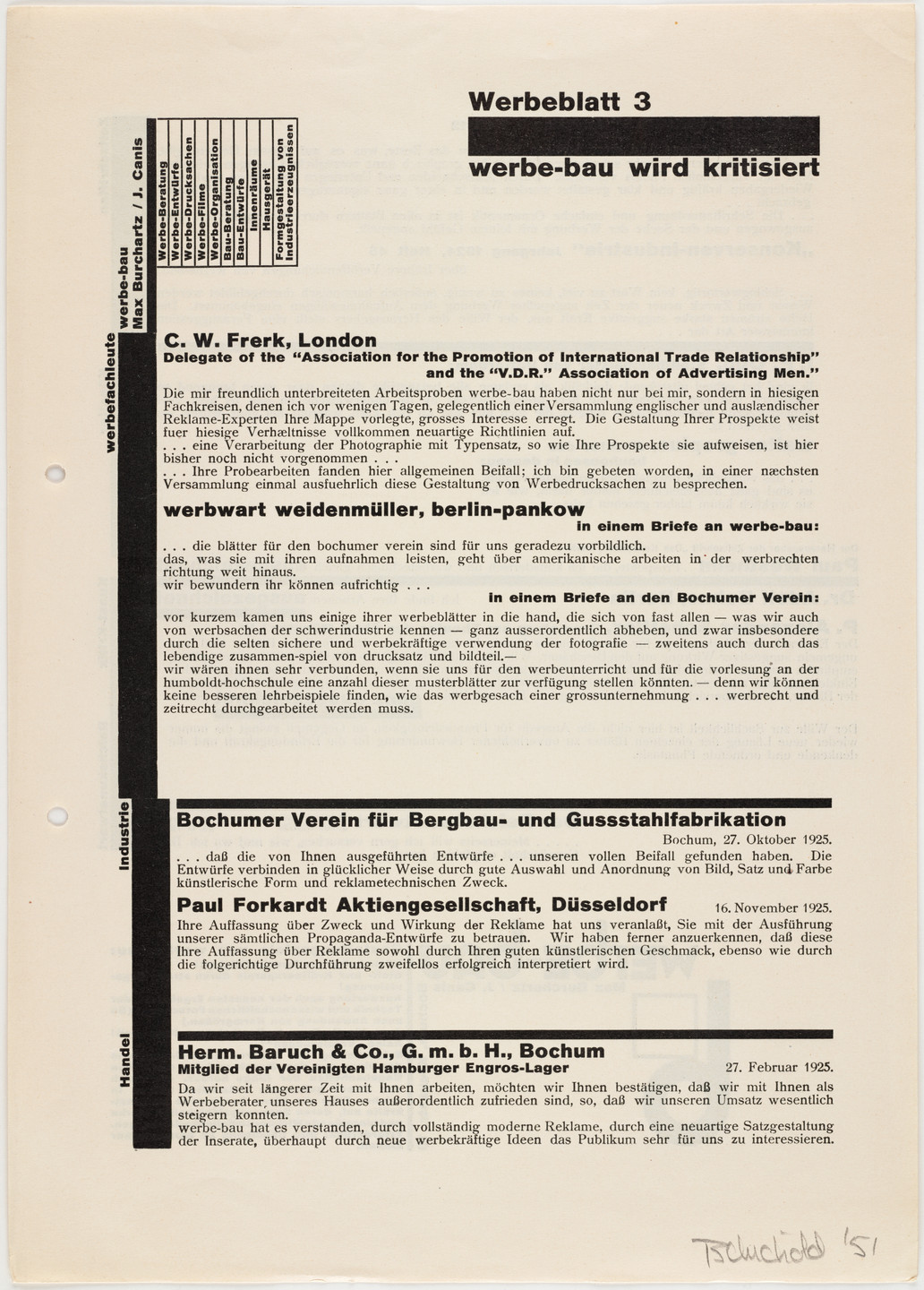 Max Burchartz, Johannes Canis. Werbe-bau wird kritisiert, Werbeblatt 3. 1925