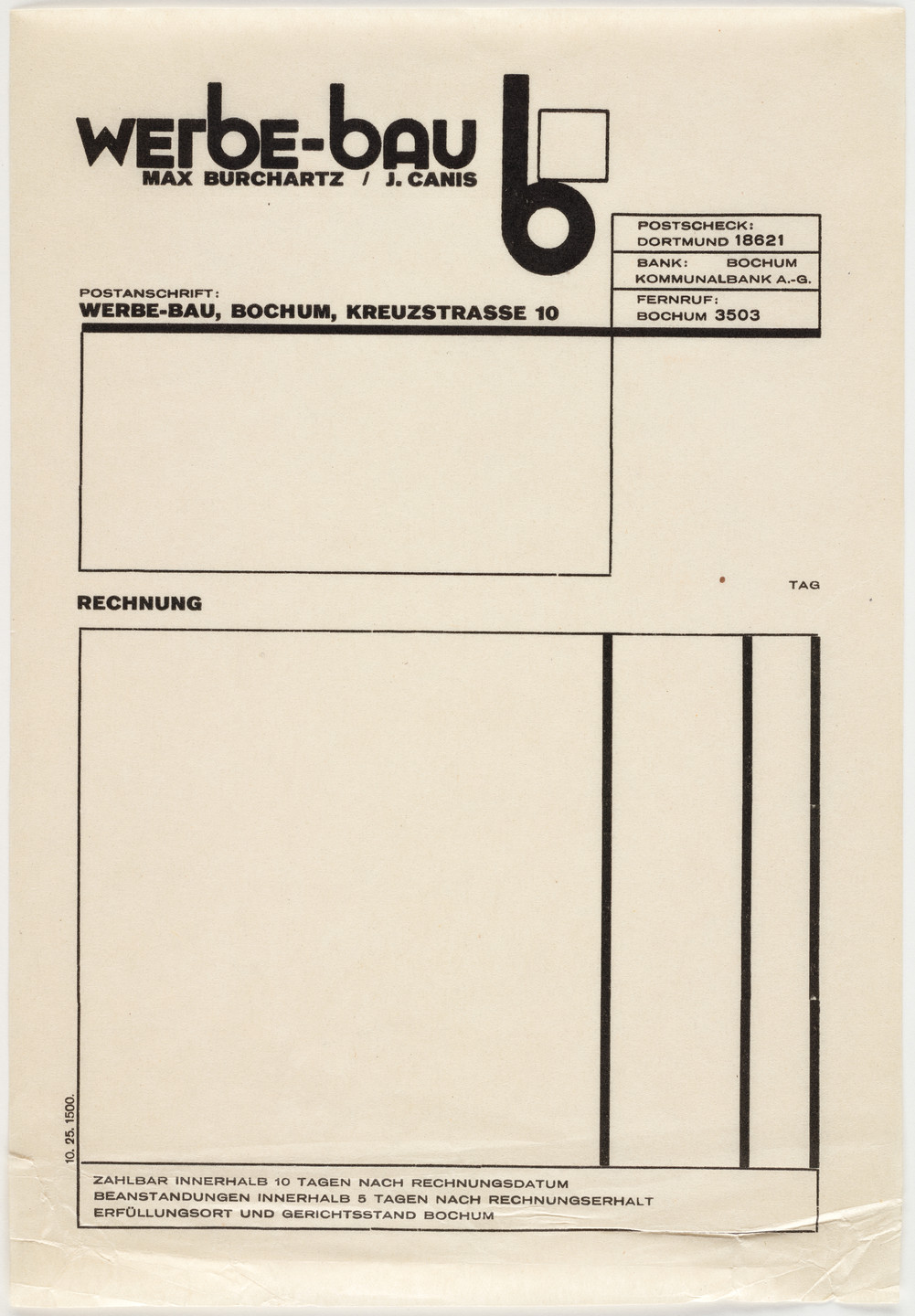 Max Burchartz. Stationery invoice for Werbe-bau. 1925-26
