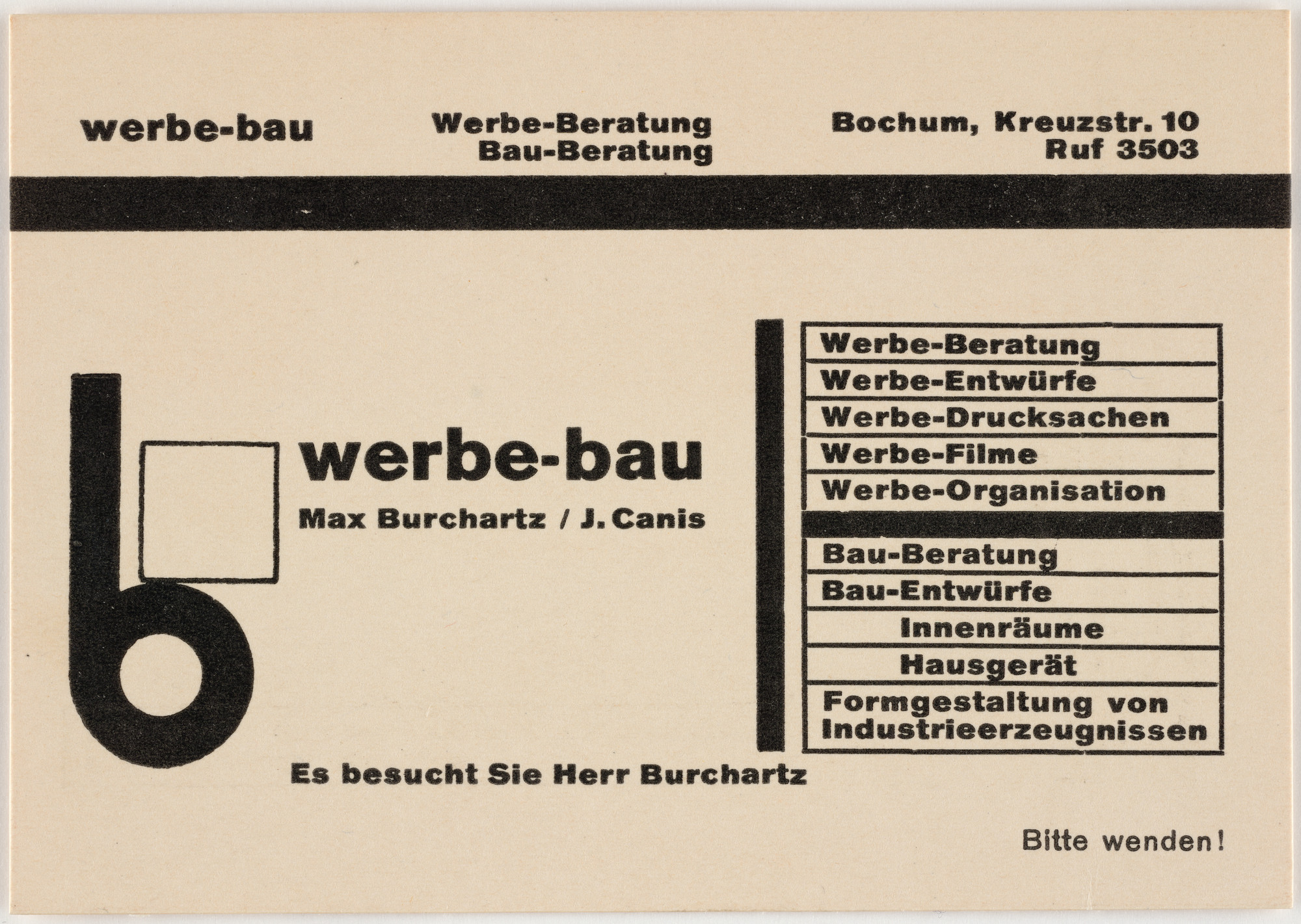 Max Burchartz. Stationery card for Werbe-bau. 1925–1926