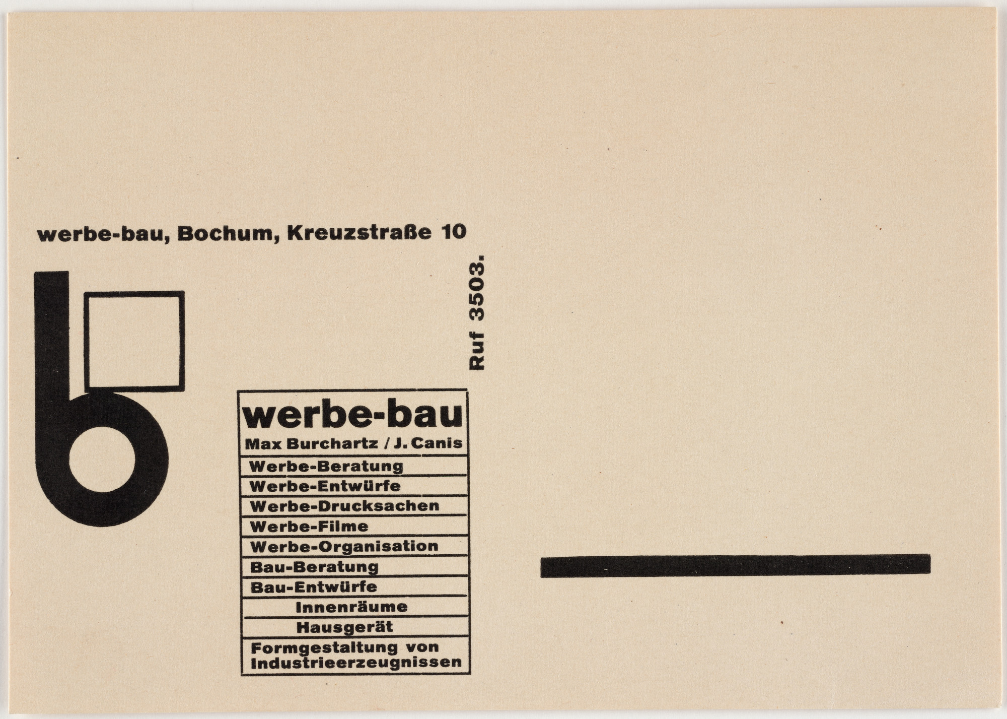 Max Burchartz. Stationery card for Werbe-bau. 1925–1926