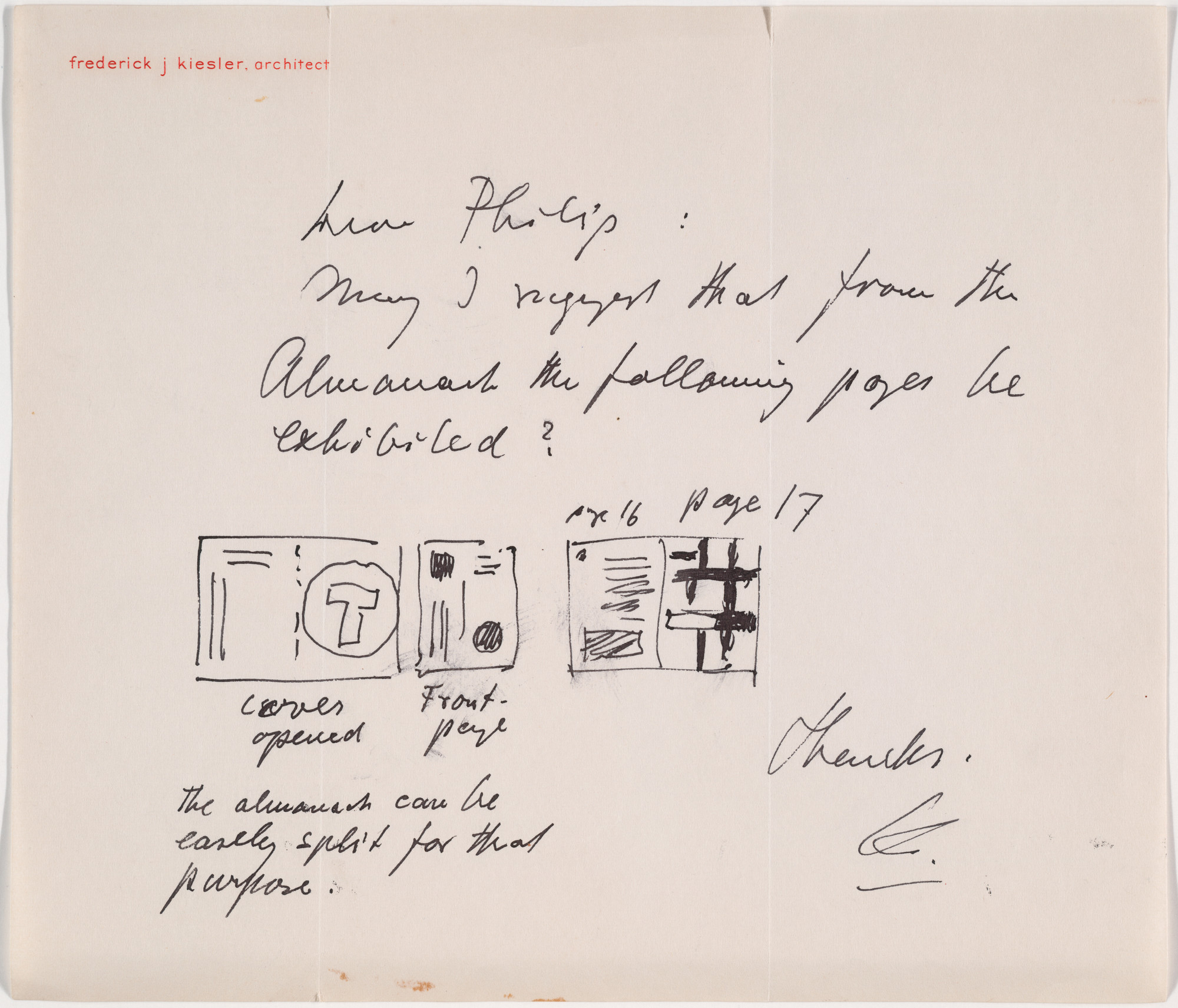 Frederick Kiesler. Letter to Philip Johnson
