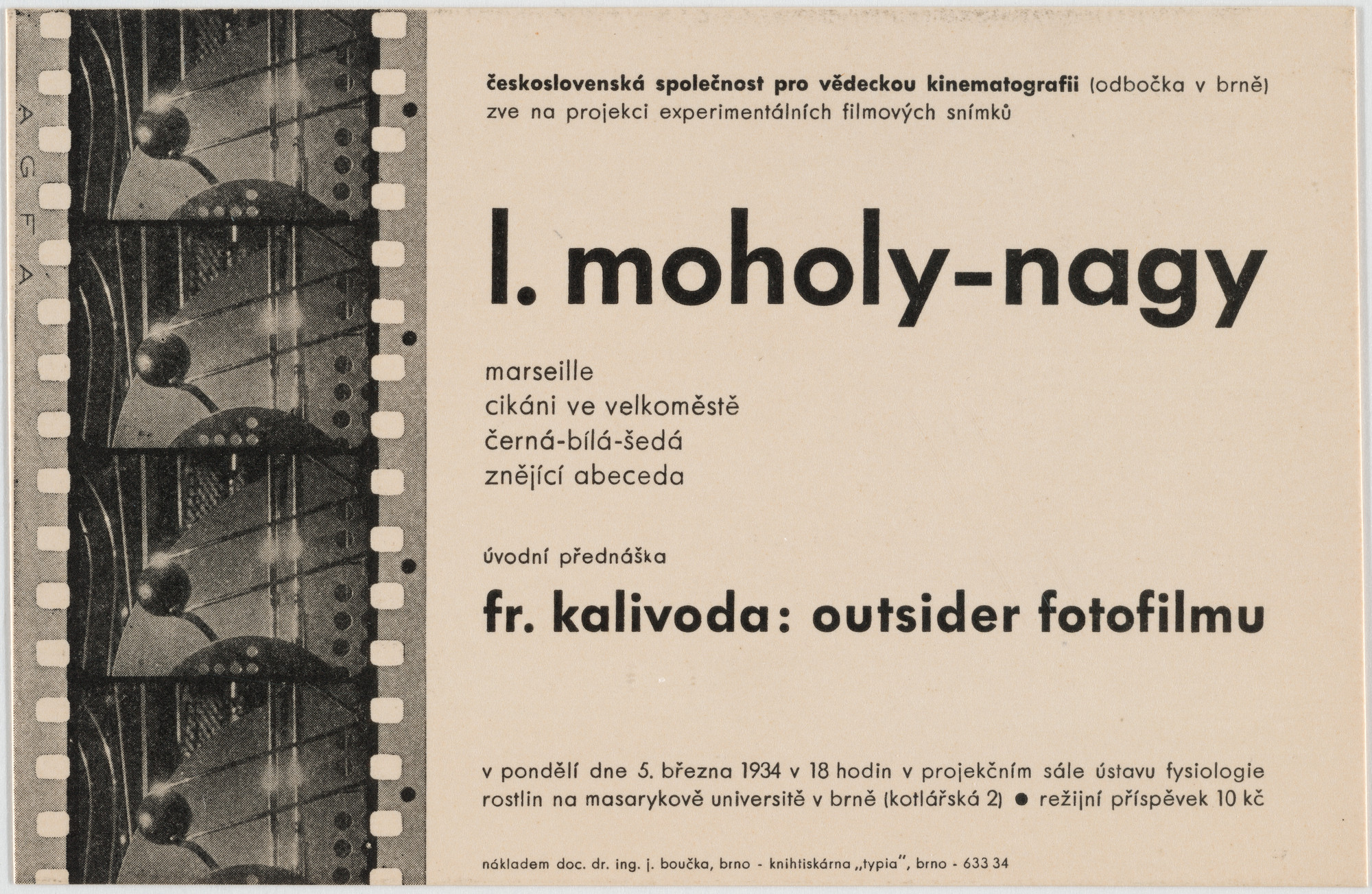 František Kalivoda. L. Moholy-Nagy (Flyer for a lecture at Masaryk University, Brno, Czechoslovakia). 1934