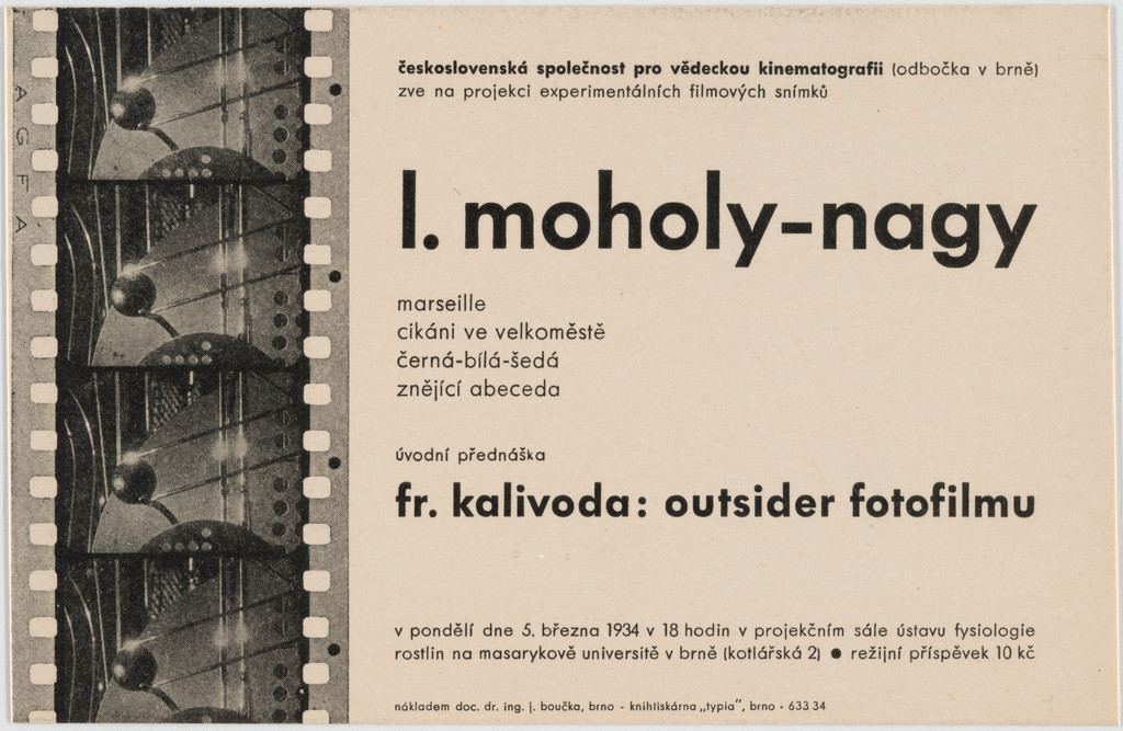 L. Moholy-Nagy (Flyer for a lecture at Masaryk University, Brno, Czechoslovakia)