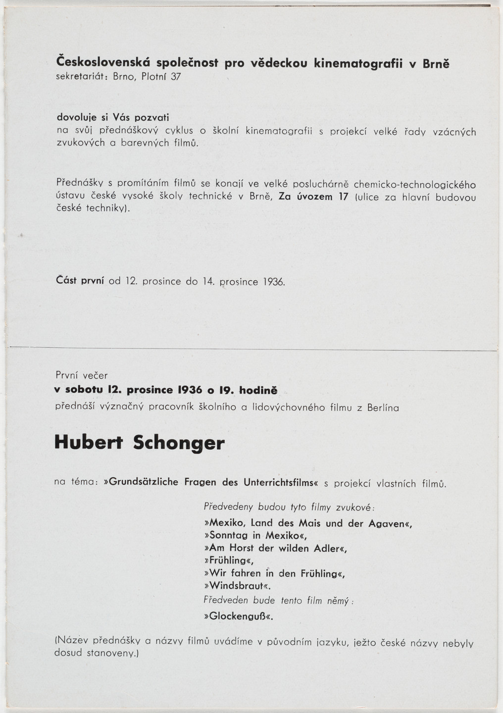 František Kalivoda. Ceskoslovenska spolecnost pro vedeckou kinematografii v Brne. 1936