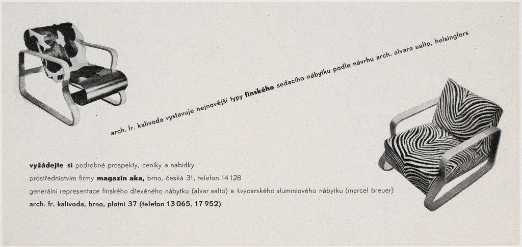 Arch. Frantisek Kalivoda vystavuje nejnovejsi typy finskeho sedaciho nabytku podle navrhu arch. Alvara Aalto, Helsingfors