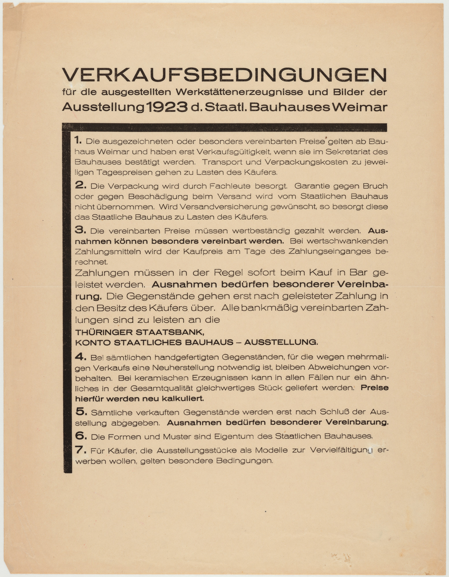 László Moholy-Nagy. Verkaufsbedingungen für die ausgestellten Werkstättenerzeugnisse und Bilder der Ausstellung 1923 d. Staatl. Bauhauses Weimar