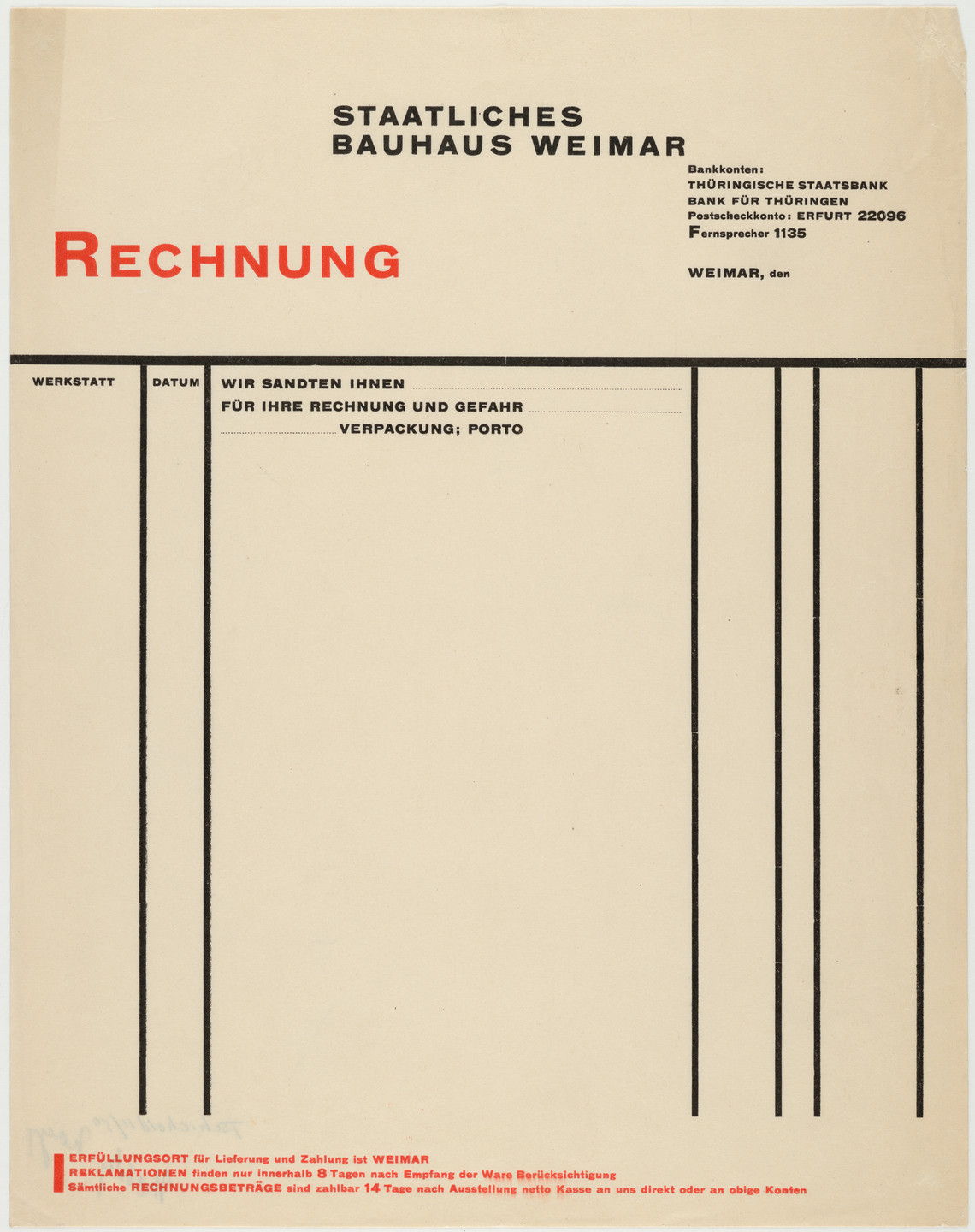 László Moholy-Nagy. Stationery invoice for Staatliches Bauhaus Weimar Rechnung (State Bauhaus Weimar). c. 1924