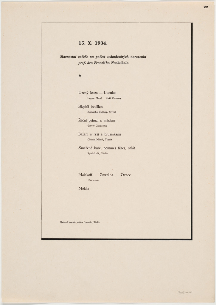 Slavnostni vecere na pocest sedmdesatych narozenin prof. dra Frantiska Nachtikala