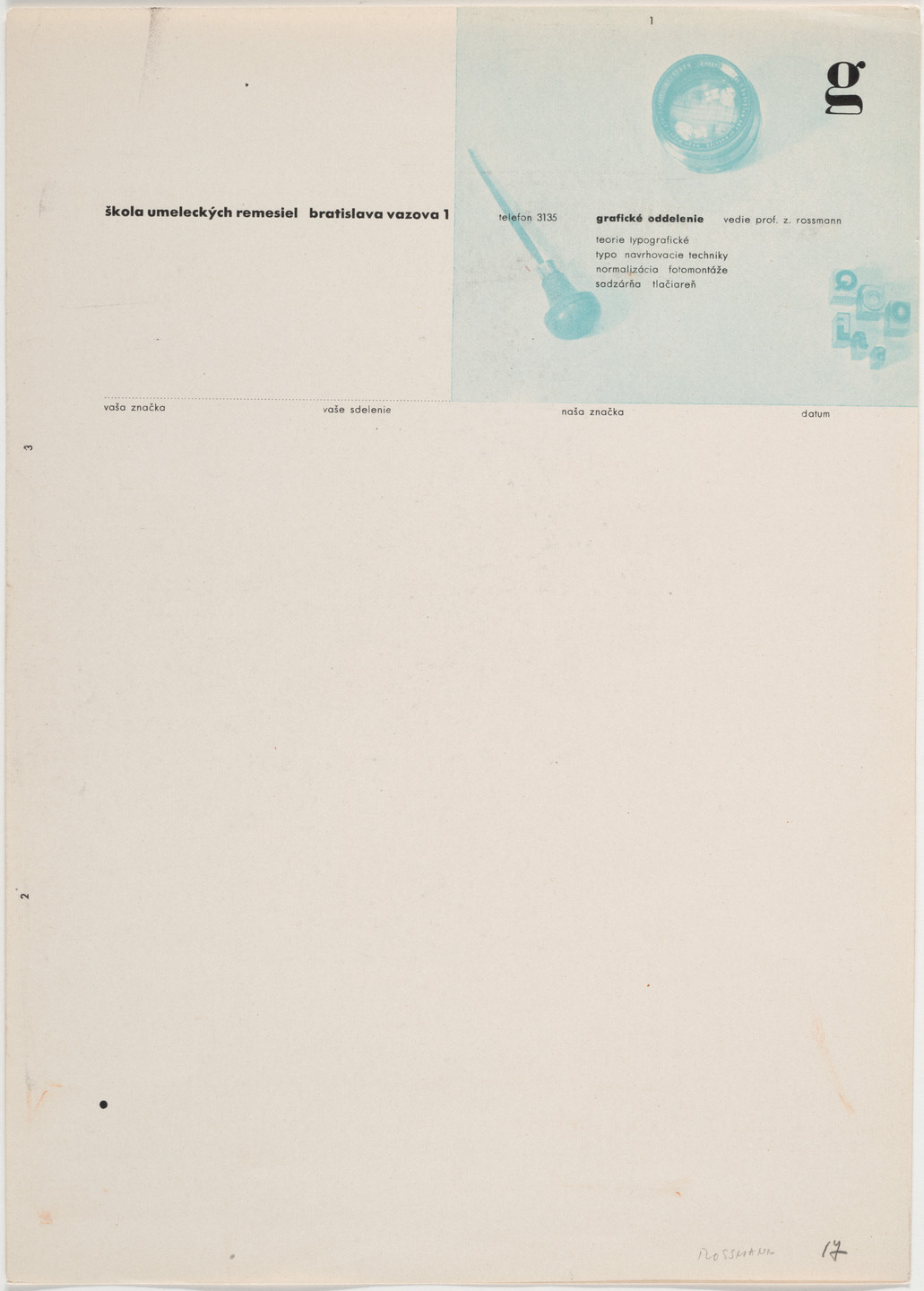 Zdeněk Rossmann. Škola umeleckých remesiel Bratislava graficke oddelenie (School of Arts and Crafts Bratislava Graphic Department) letterhead. 1934
