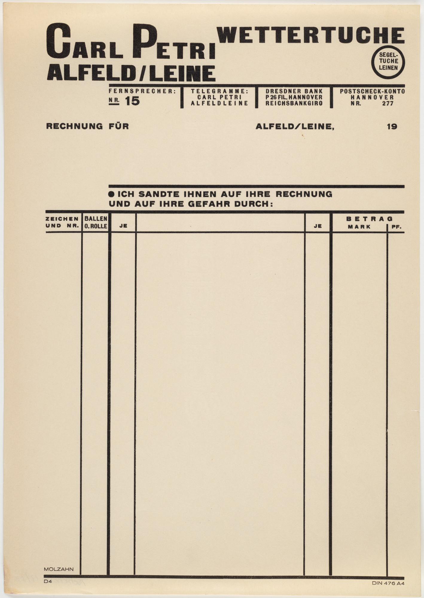 Johannes Molzahn. Stationery invoice for Carl Petrie, Alfeld/Leine, Wettertuche