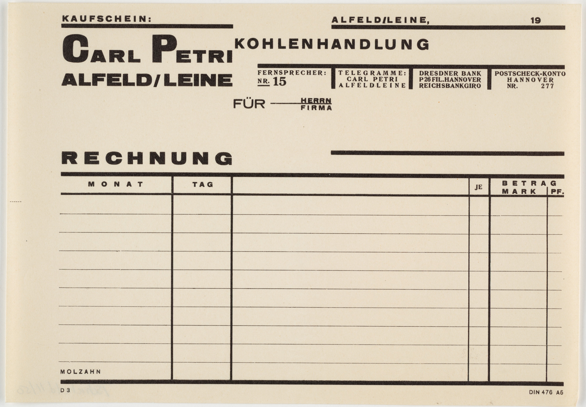 Johannes Molzahn. Carl Petrie, Alfeld/Leine, Kohlenhandlung, Rechnung