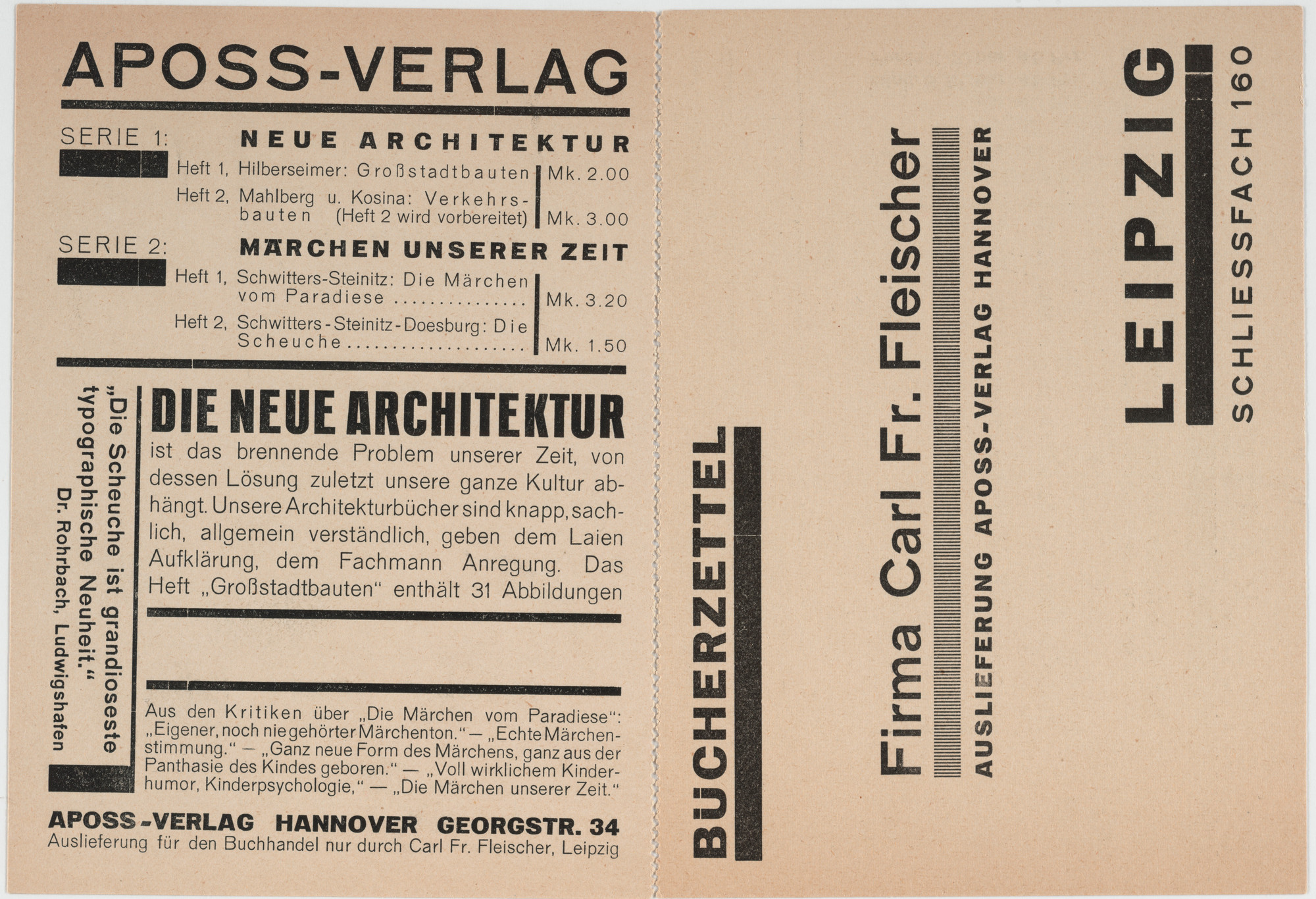 Kurt Schwitters. Bestellkarte Aposs Verlag