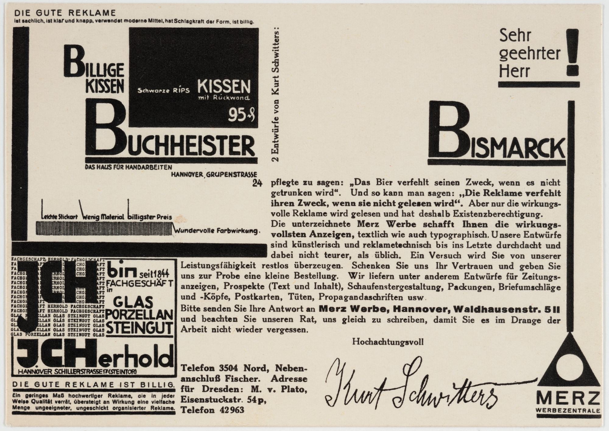 Kurt Schwitters. Advertisement for Schwitters' Hannover studio