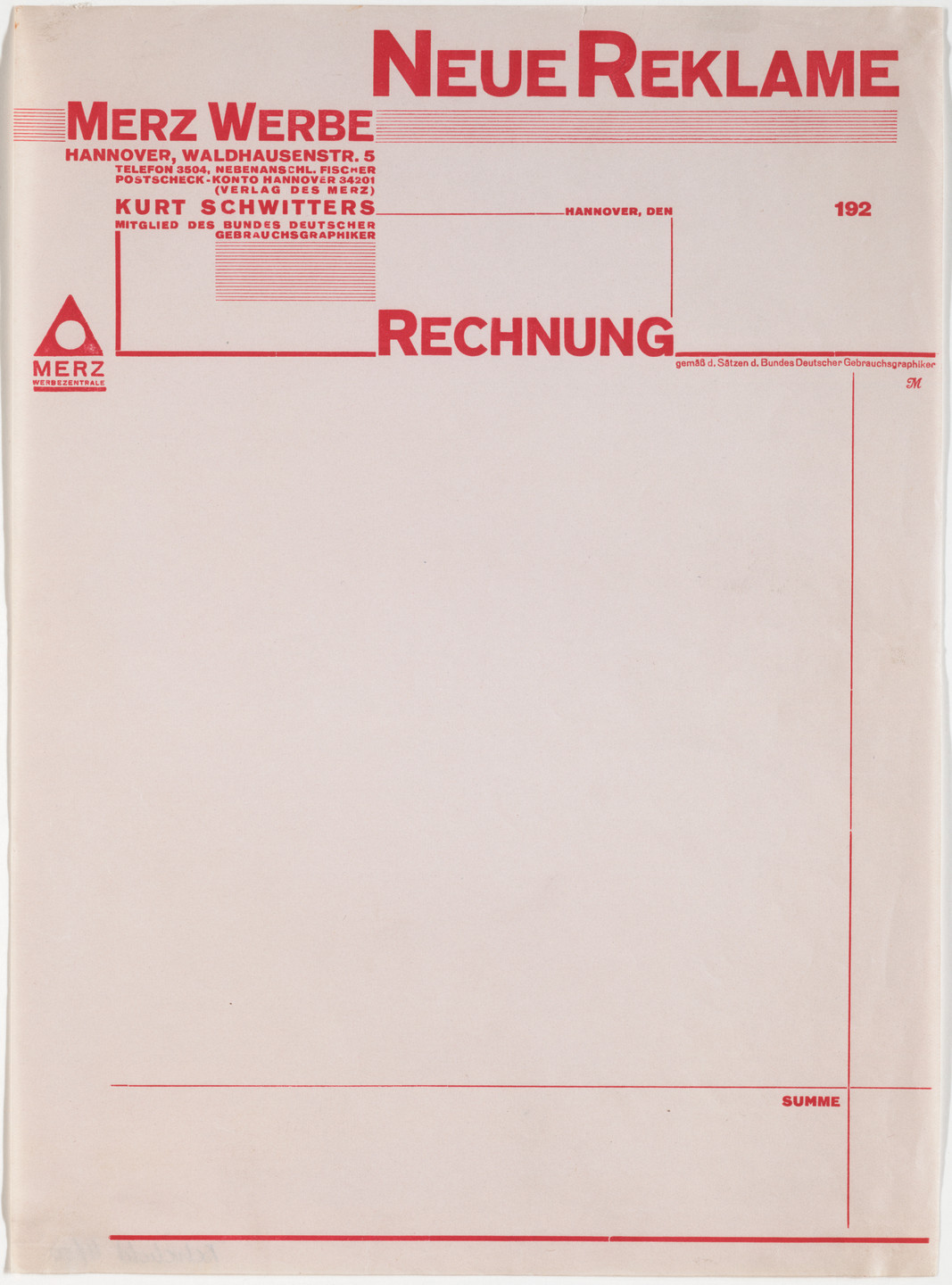 Kurt Schwitters. Stationery invoice for Merz Werbe (Merz Publicity). c. 1927