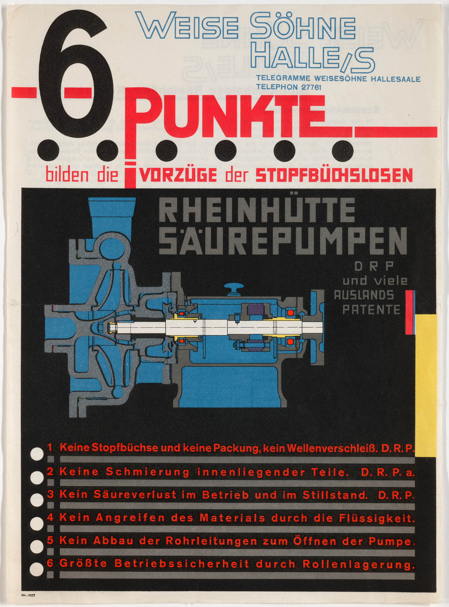 Kurt Schwitters. 6 Punktebilden die Vorzüge der Stopfbüchslosen Rheinhütte Säurepumpen, Weise Söhne, Halle/Saale