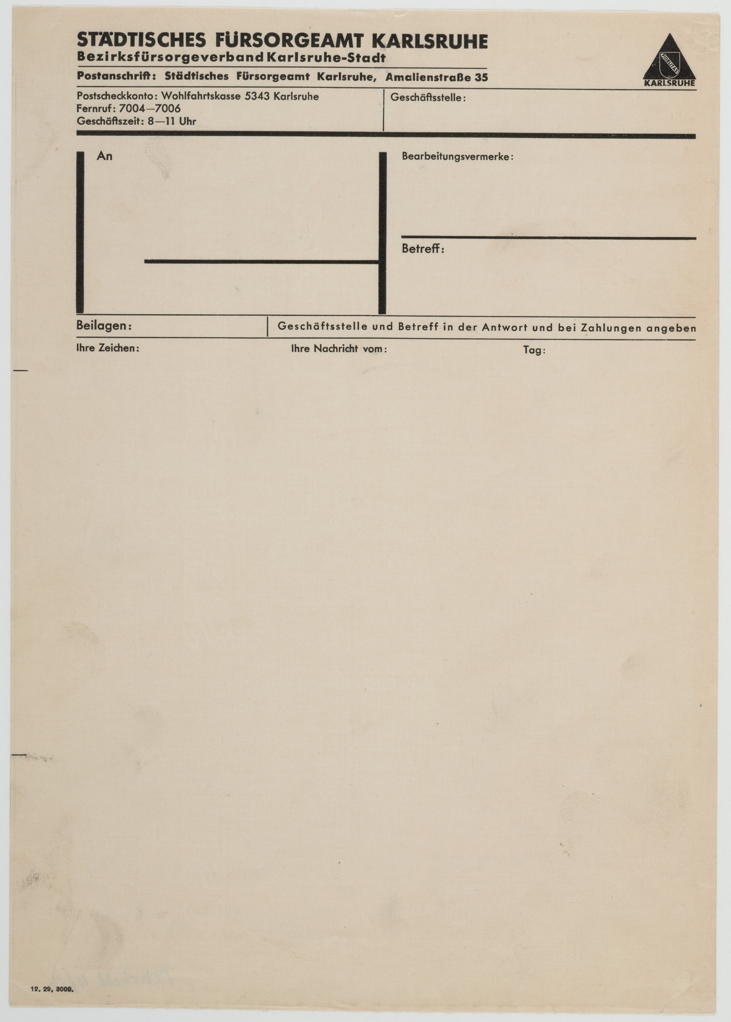 Kurt Schwitters. Städtisches Fürsorgeamt Karlsruhe