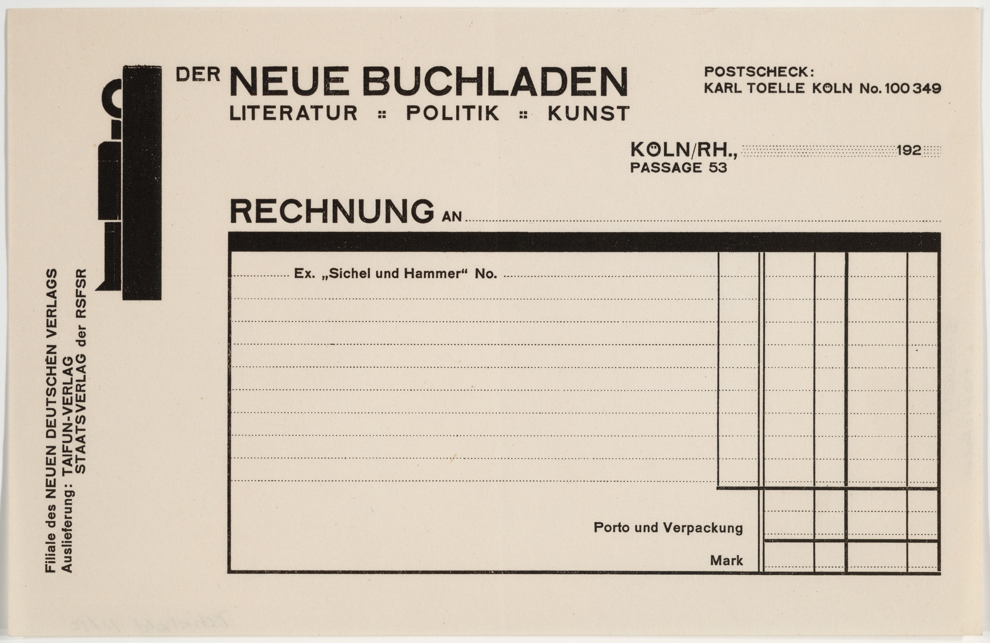 Franz Wilhelm Seiwert. Der neue Buchladen, Literature, Politik, Kunst, Rechnung