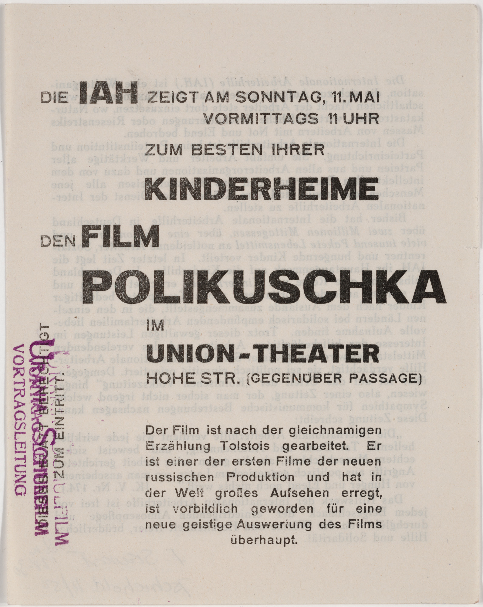 Franz Wilhelm Seiwert. Die IAH zeigt am Sonntag, 11. Mai Vormittags 11 Uhr zum Besten ihrer Kinderheime den Film Polikuschka im Union-Theater