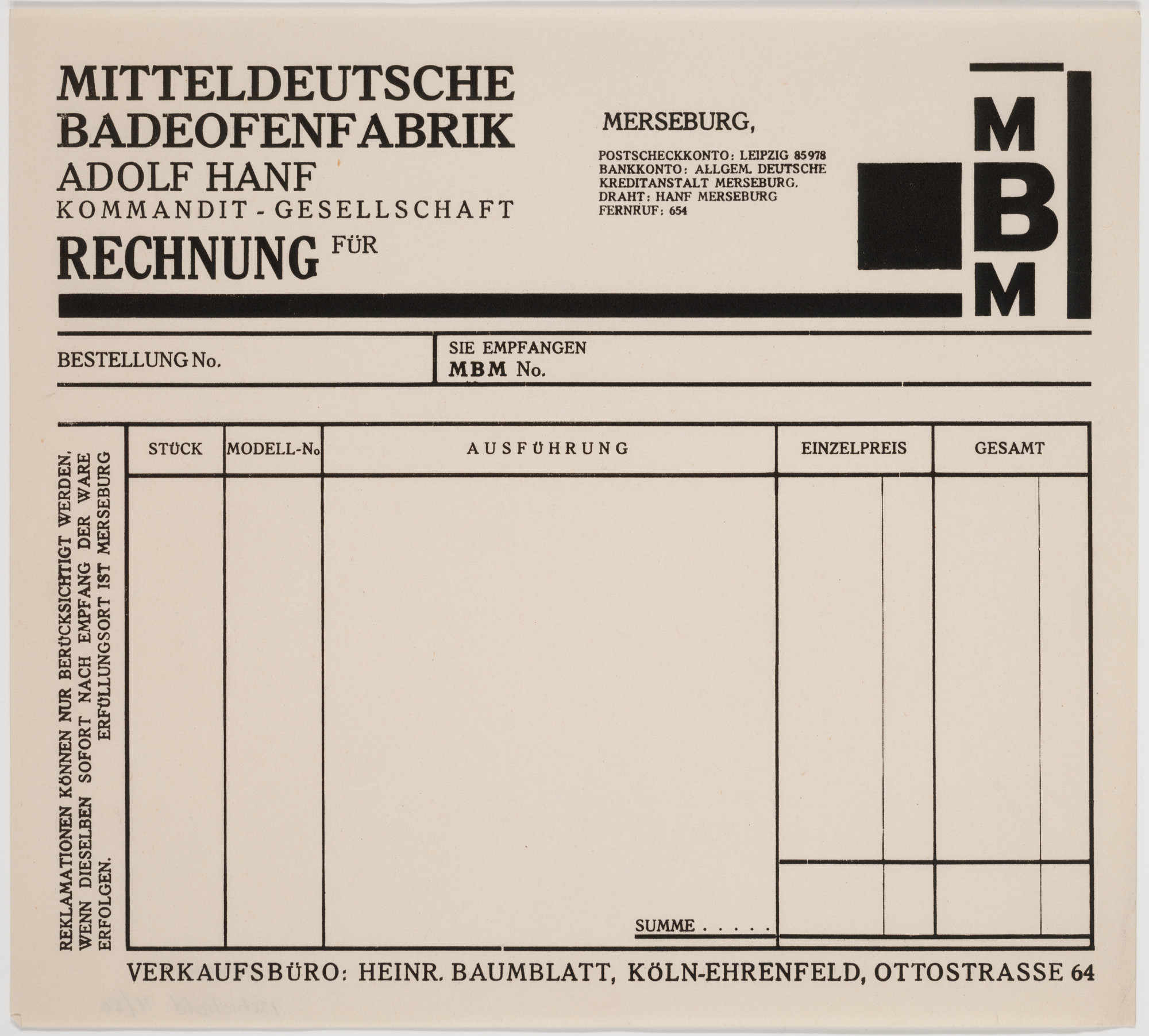 Franz Wilhelm Seiwert. Mitteldeutsche Badeofenfabrik, Adolf Hanf, Rechnung