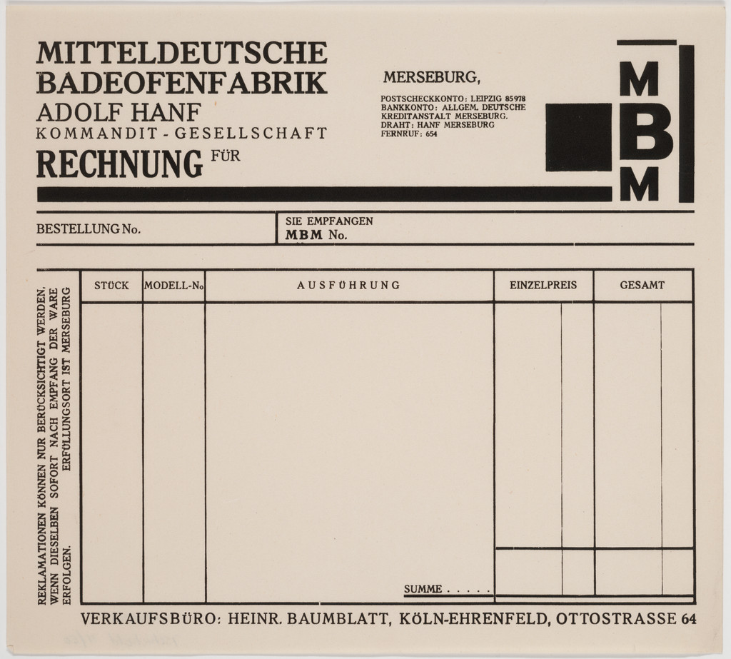 Mitteldeutsche Badeofenfabrik, Adolf Hanf, Rechnung