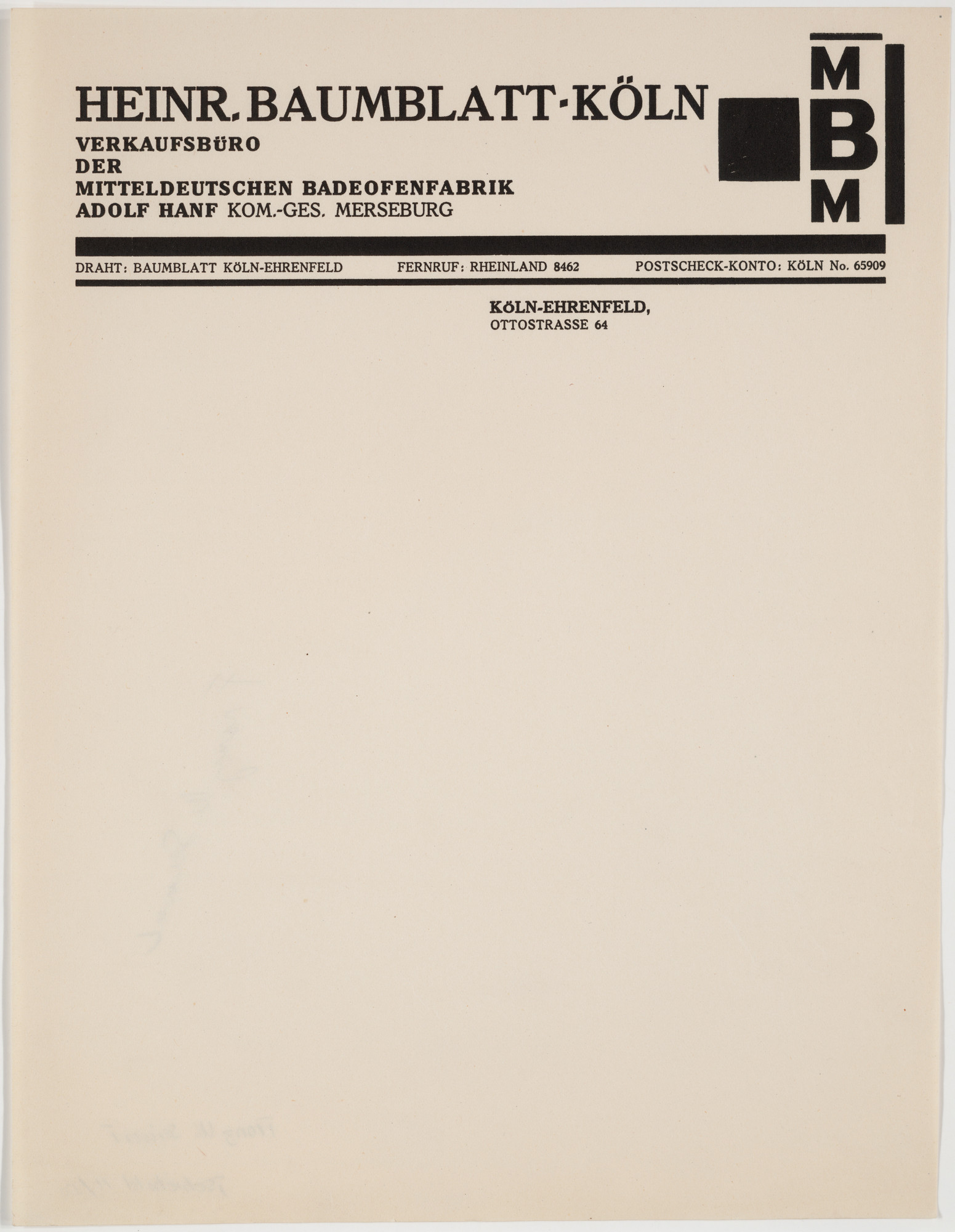 Franz Wilhelm Seiwert. Heinr. Baumblatt-Köln, Verkaufsbüro der Mitteldeutschen Badeofenfabrik