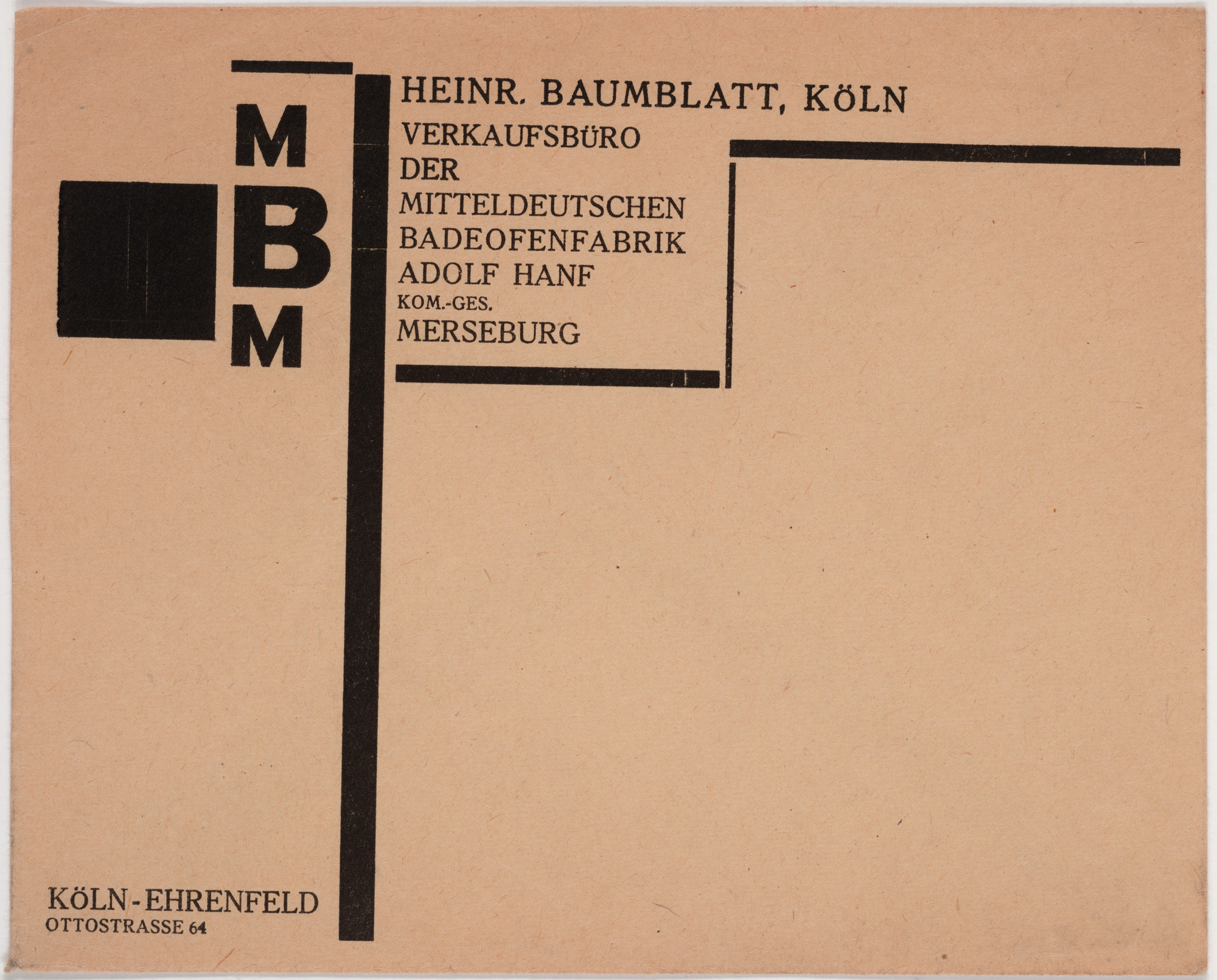 Franz Wilhelm Seiwert. Heinr. Baumblatt-Köln, Verkaufsbüro der Mitteldeutschen Badeofenfabrik