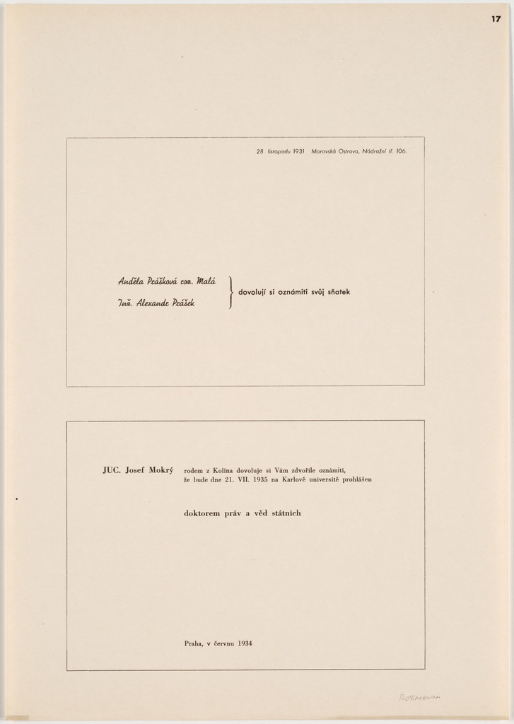 Andela Praskova roz. Mala, Inz. Alexandr Prasek dovoluji si oznamiti svuj snatek, JUC. Josef Mokry doktorem prav a ved statnich